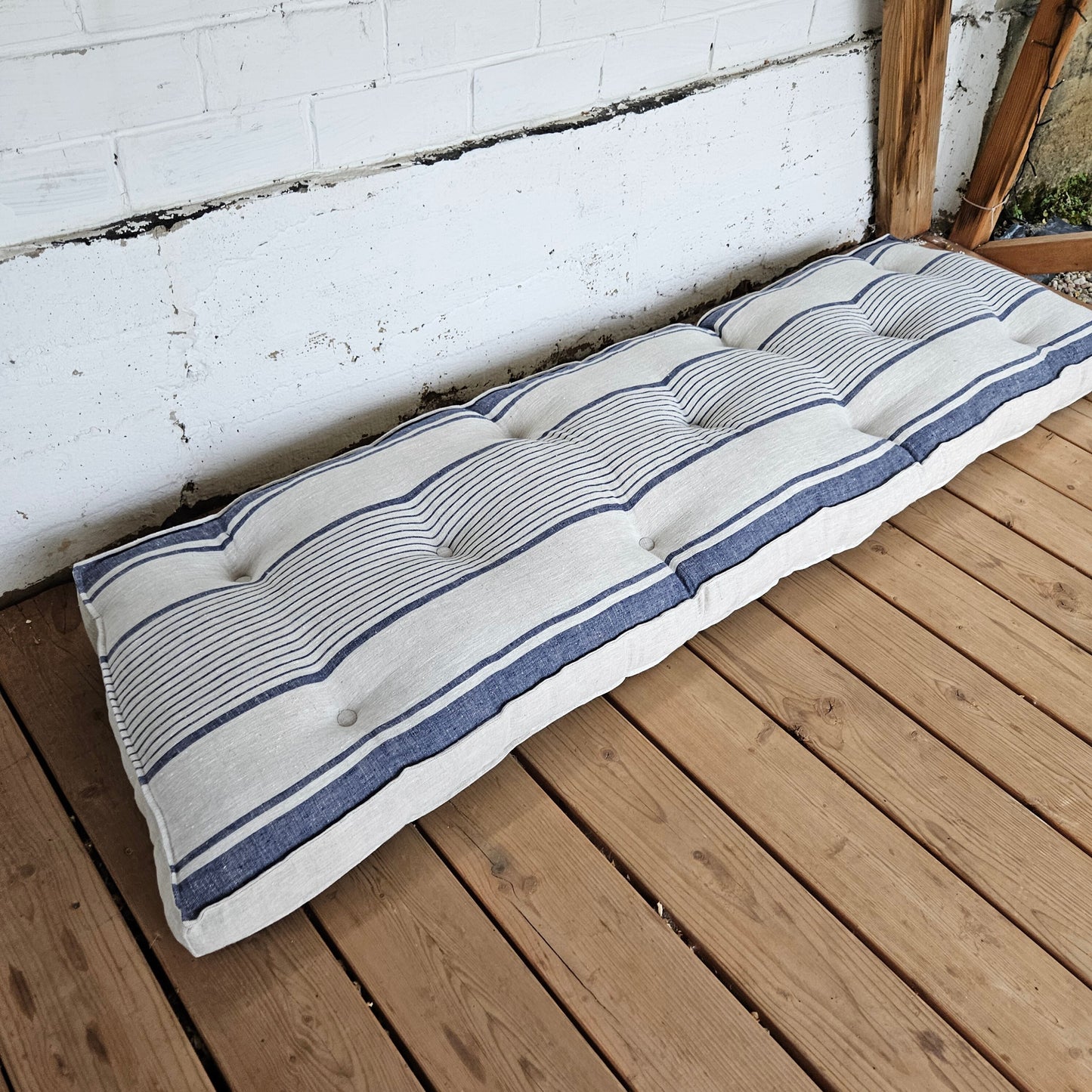 Bench cushion in French striped linen, floor cushion in Custom size, shikibuton thick mat Shiki futon filled organic fiber filler