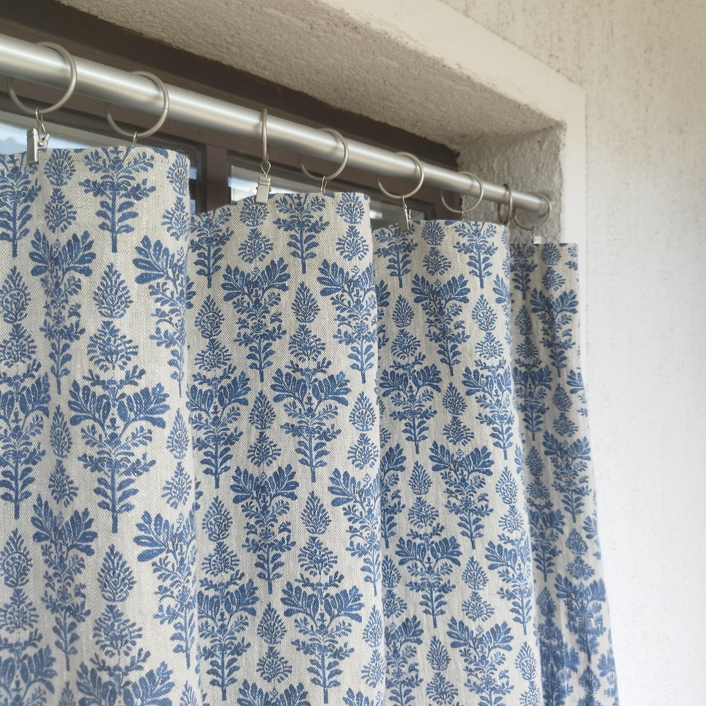 Curtains 100% Linen blue french block print floral PREWASHED. kitchen Living room farmhouse curtains. Bedroom window panel in linen