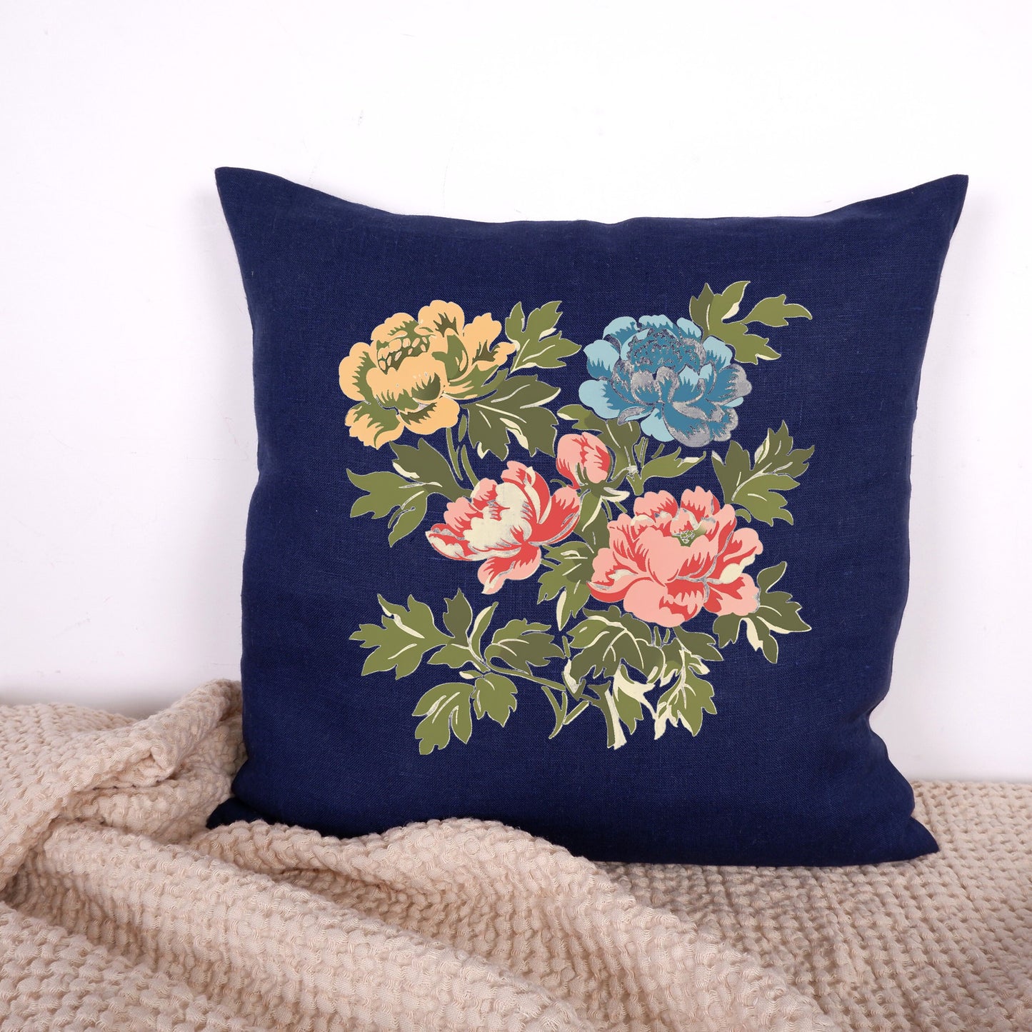 SALE LINEN Cushion cover with peony print , decorative linen pillow cover with folk art print , Floral Housewarming Gift