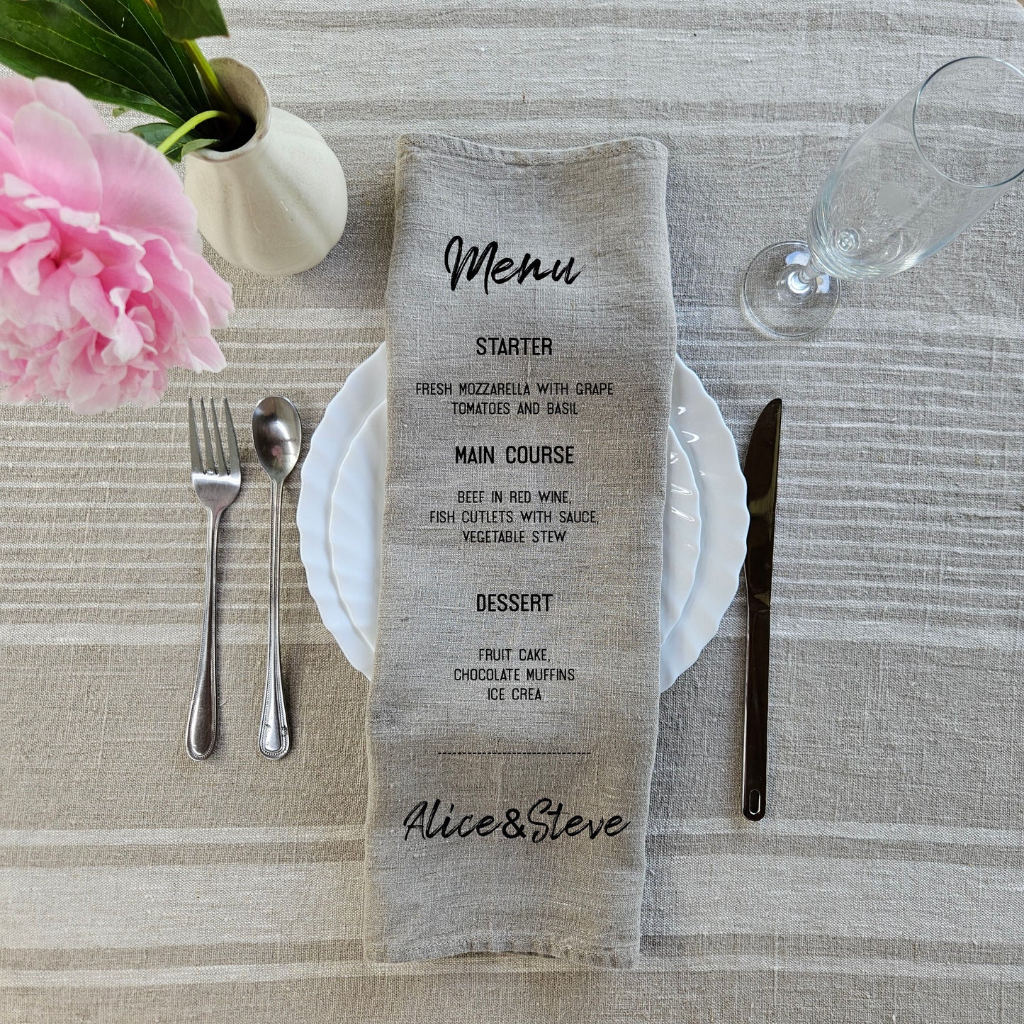 Custom Design White Cloth Cocktail Napkins with Menu, luxury weddings menu napkins in linen, Custom Names Napkins