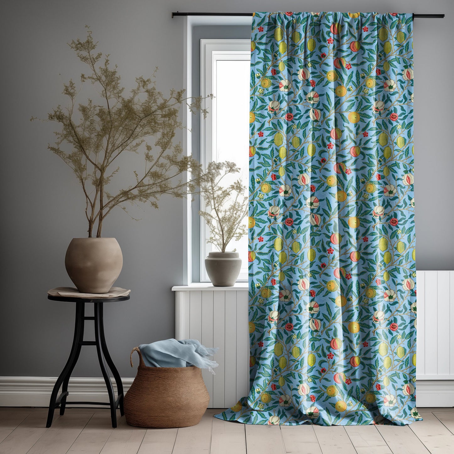 William Morris Curtain Panel Pomegranate, Floral Botanical Blue Print Curtain Panels, Victorian Art and Crafts Curtains for living room