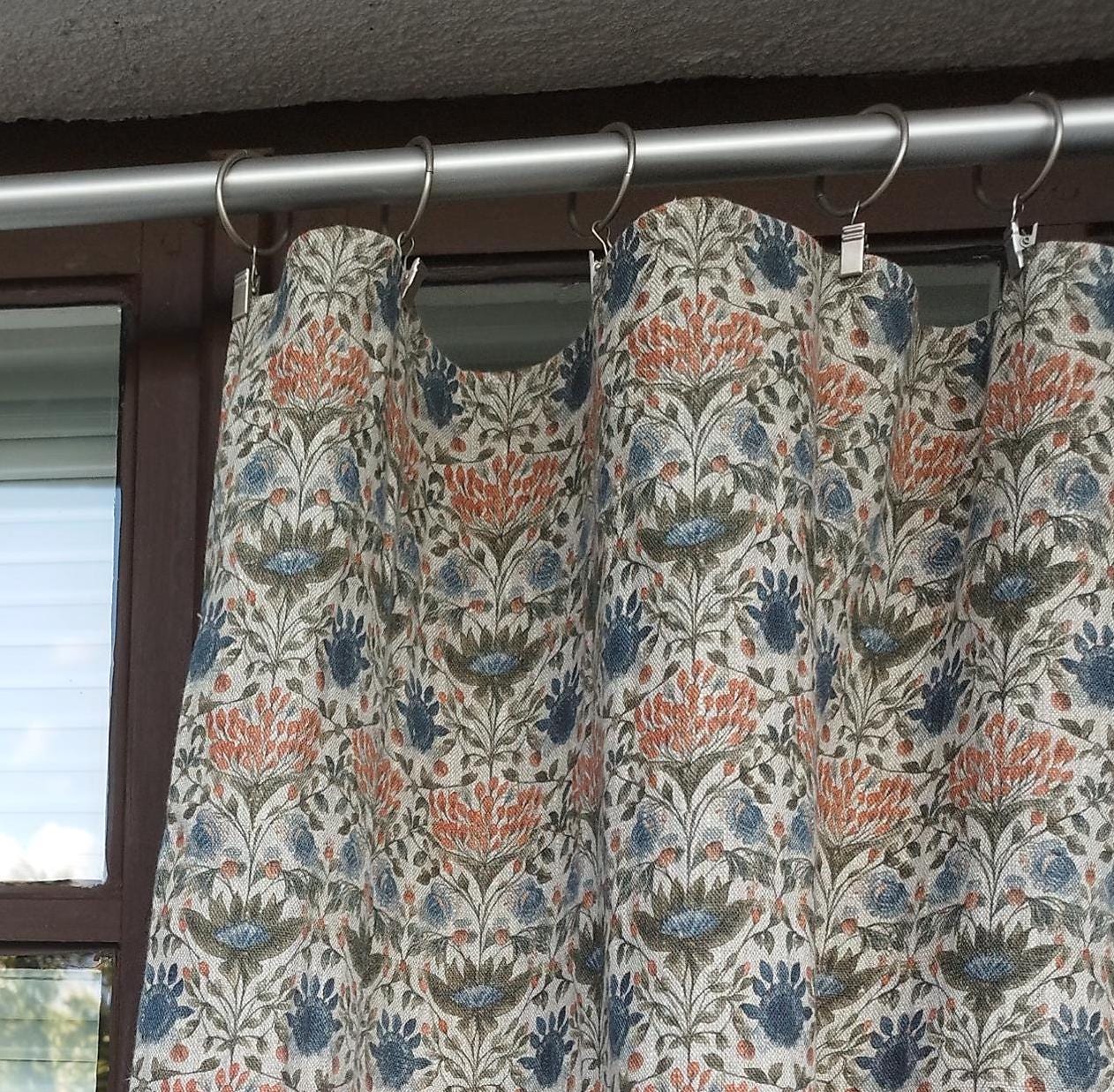 Curtains 100% Linen with botanical floral watercolor print PREWASHED. kitchen Living room farmhouse linen window panel