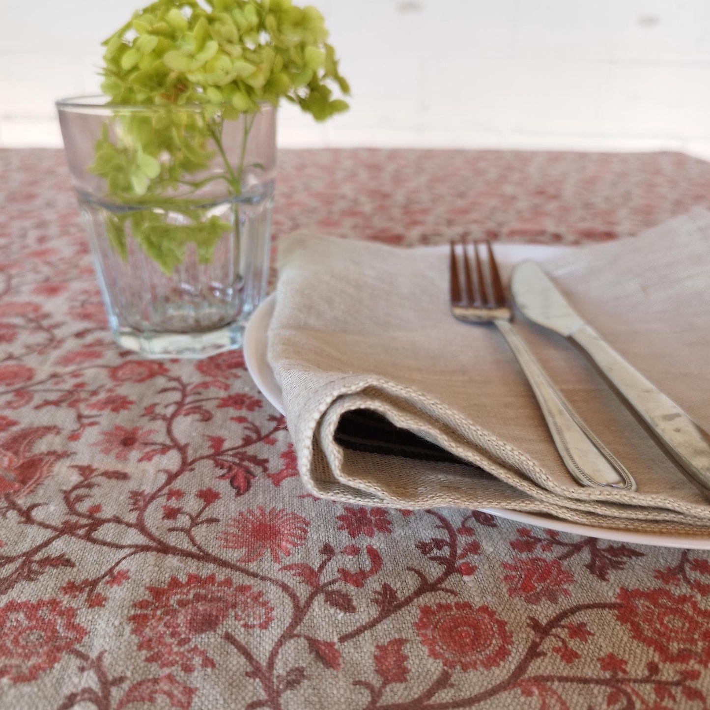 Linen floral tablecloth with red flowers, French Retro Vintage Vibe table cloth Bohemian Wildflower Pattern