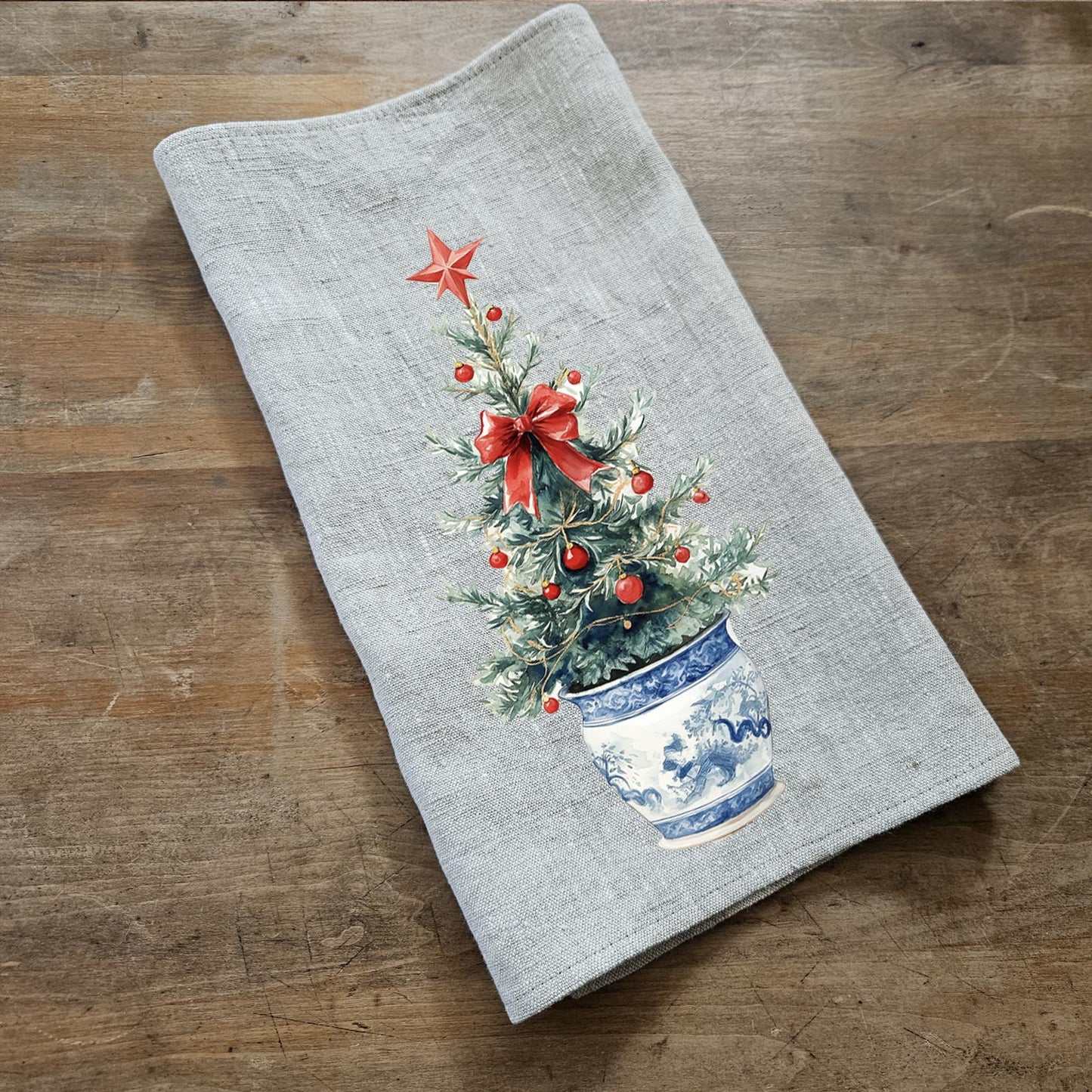 Christmas Tea Towel in linen, Christmas wreath Hand Towels Tea, linen Dish Towel Holiday Kitchen Décor Tea Towel