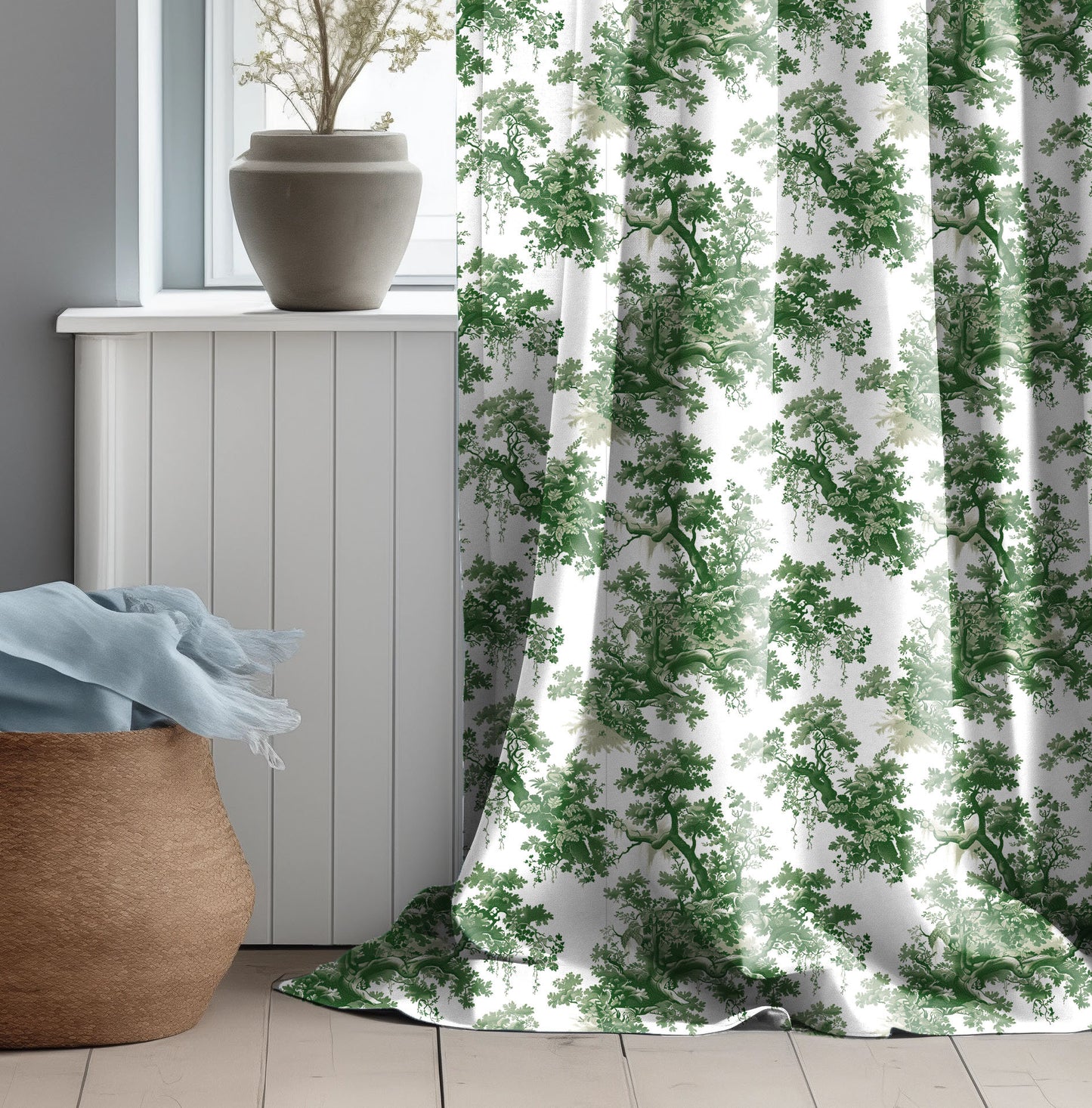 Designer blue Floral Linen curtains, indigo blue French Toile de joy curtain panel, Farmhouse Botanical printed curtains for living room