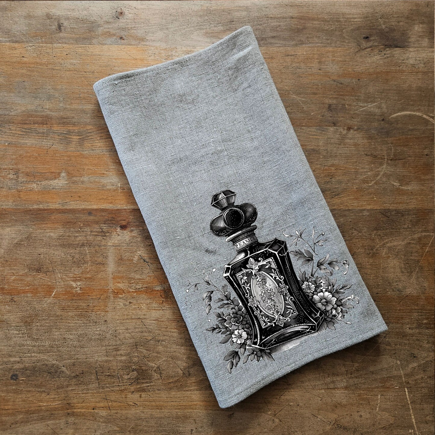 Pink Parfum Tea Towel in linen, floral roses Hand Towels Tea, black Frech Dish Towel, botanical parfum Kitchen Décor Tea Towel