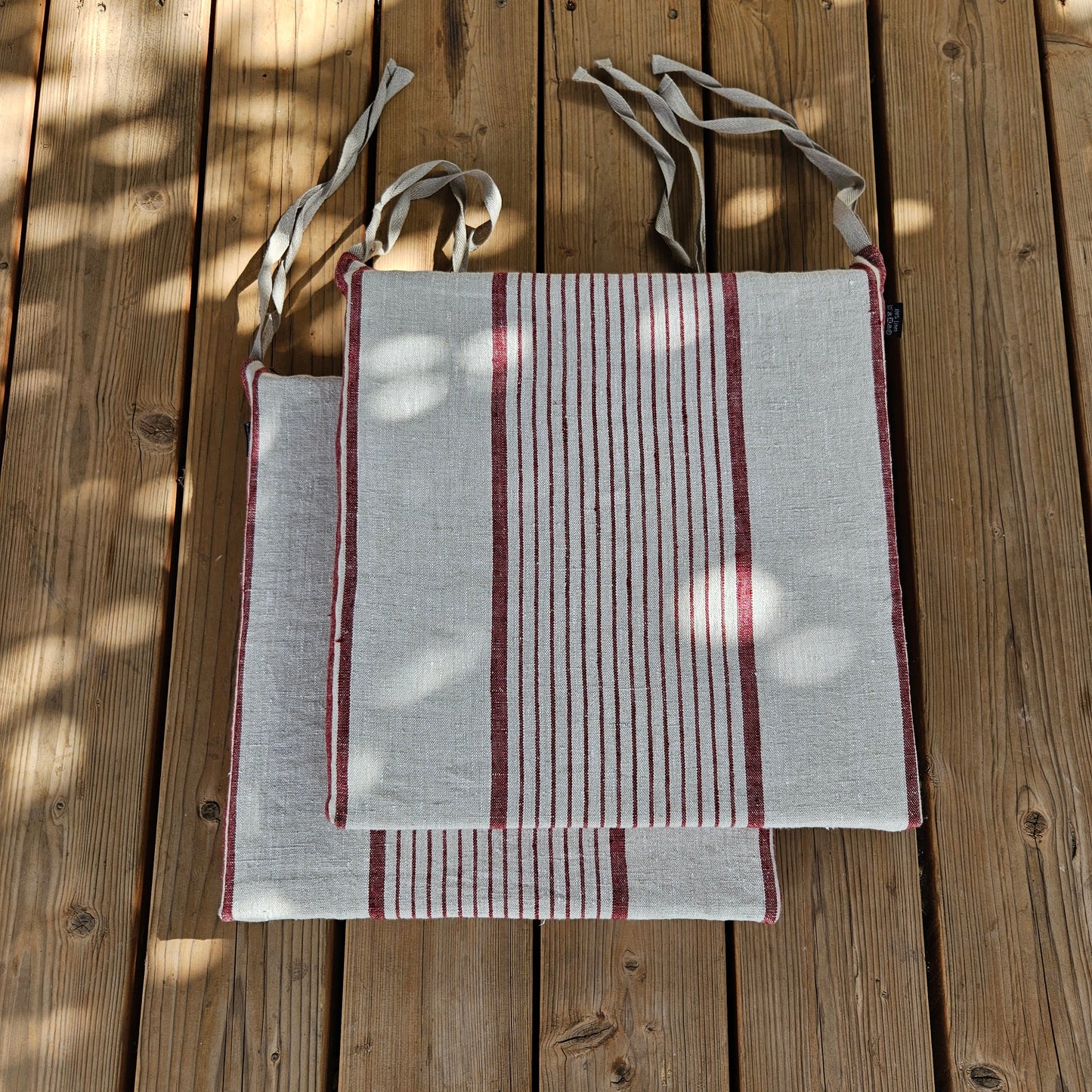 Linen Seat Cushion striped with ties, Striped red Chair Pad Pillow, Natural French Style Heavy Weight 100% Linen grain sack fabric