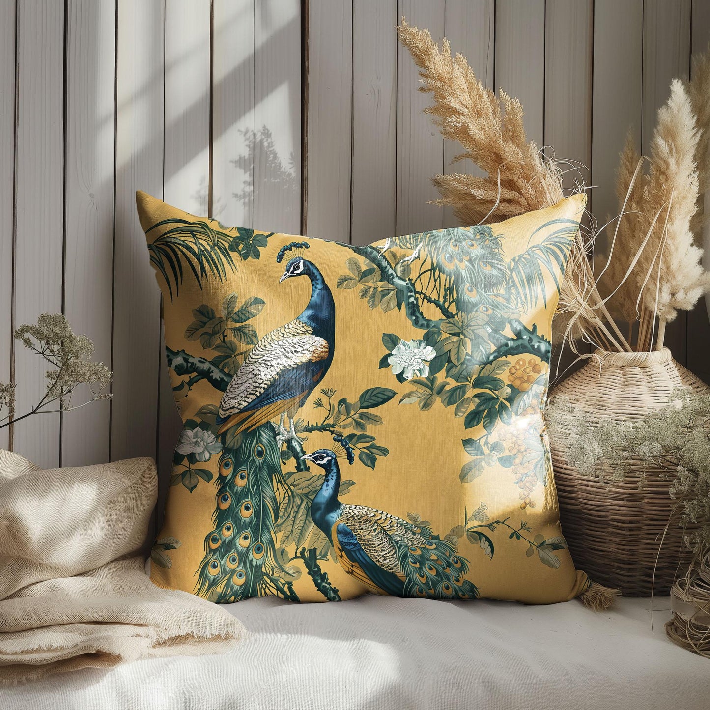 Modernt indigo linneörngott senapsgult med påfågel, designer Boho kudde på linne, Coutryhome tryckt örngott i europeiskt lin