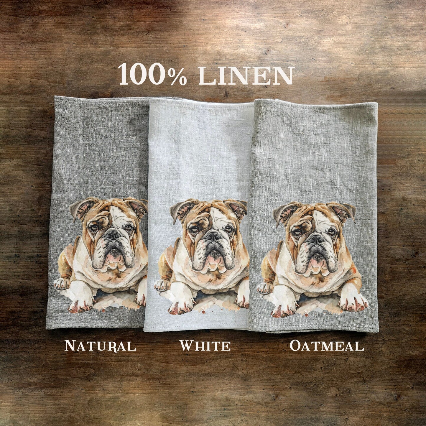 Buldog Tea Towel in linen, Dog lovers Hand Towels Tea, Farmhouse Dish Towel, Kitchen Décor Tea Towel