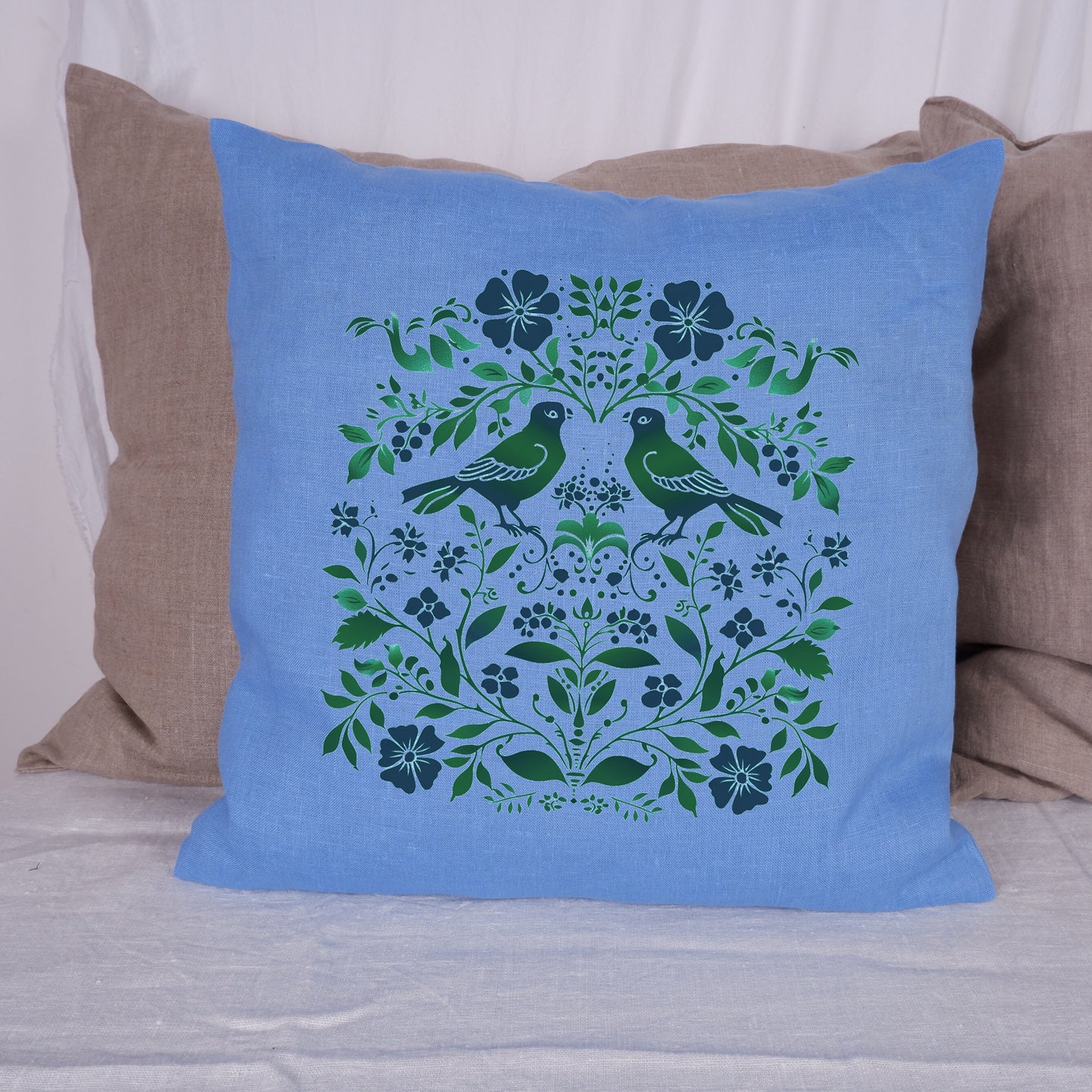 SALE LINEN Cushion cover Nordic folk art , decorative linen pillow cover , Floral Summer Woodland decor Cushion Housewarming Gift,