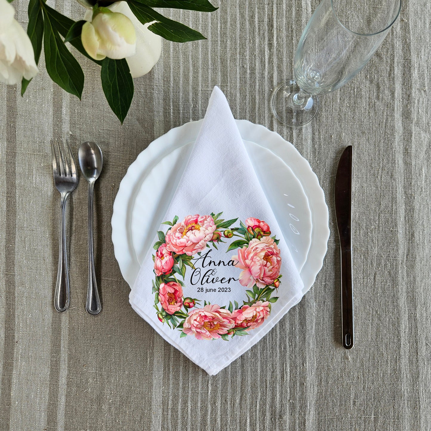 Custom Design White Cloth Cocktail Napkins with peonies wreath, luxury weddings menu napkins in linen, Custom Names Napkins