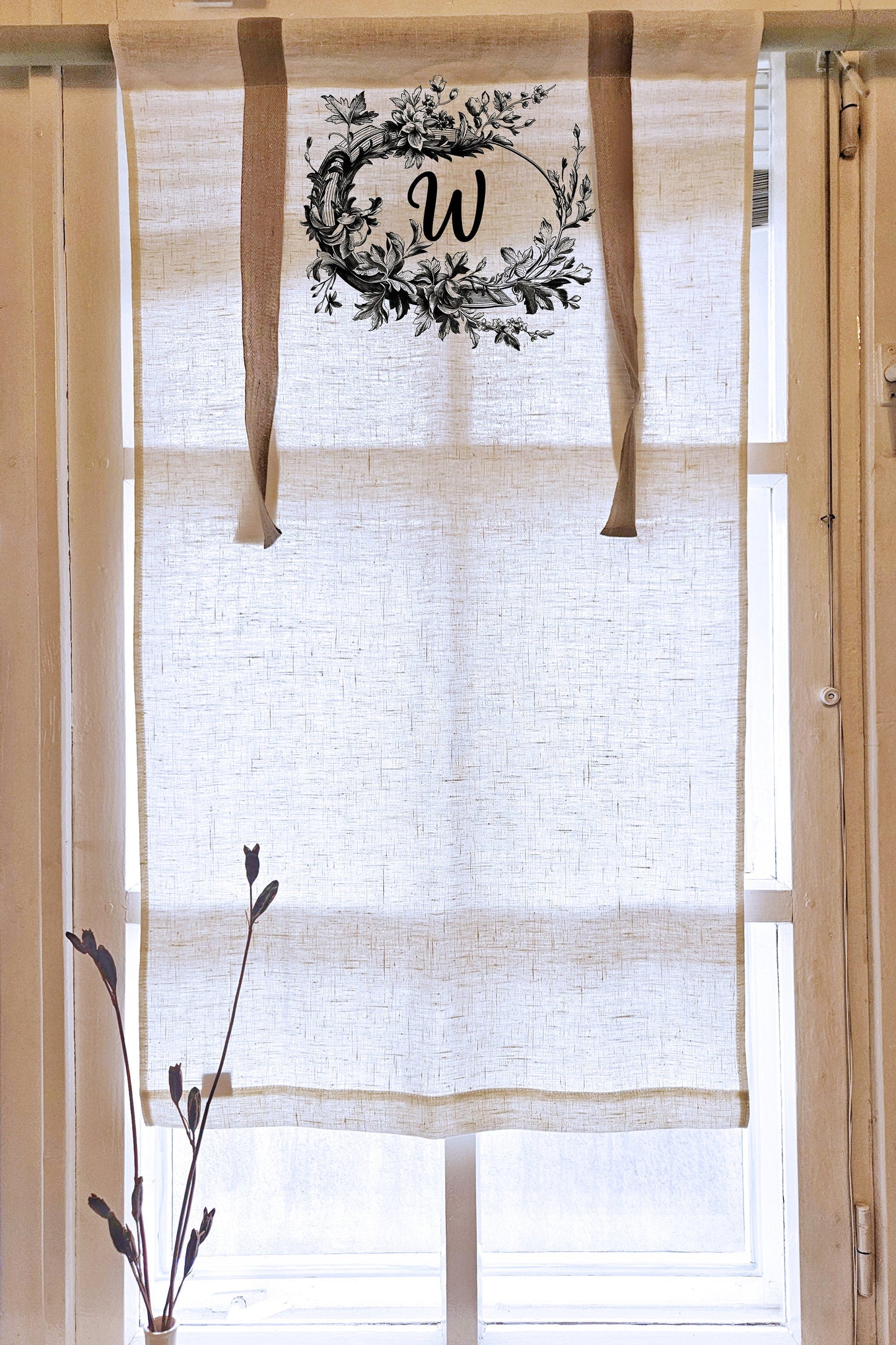 Monogramed Linen curtains valance with tie up with French Country Stamp , farmhouse kitchen curtains, door curtains in custom size