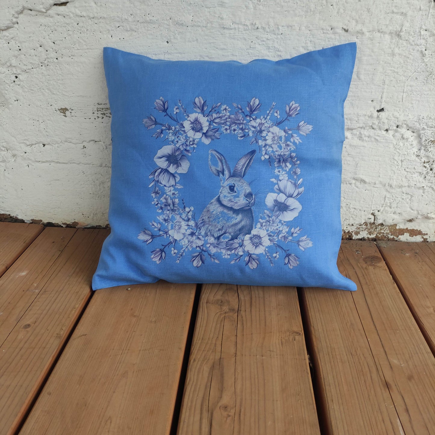 SALE LINEN Cushion cover in blue wreath with rabbit , decorative linen pillow cover 40%OFF cushion