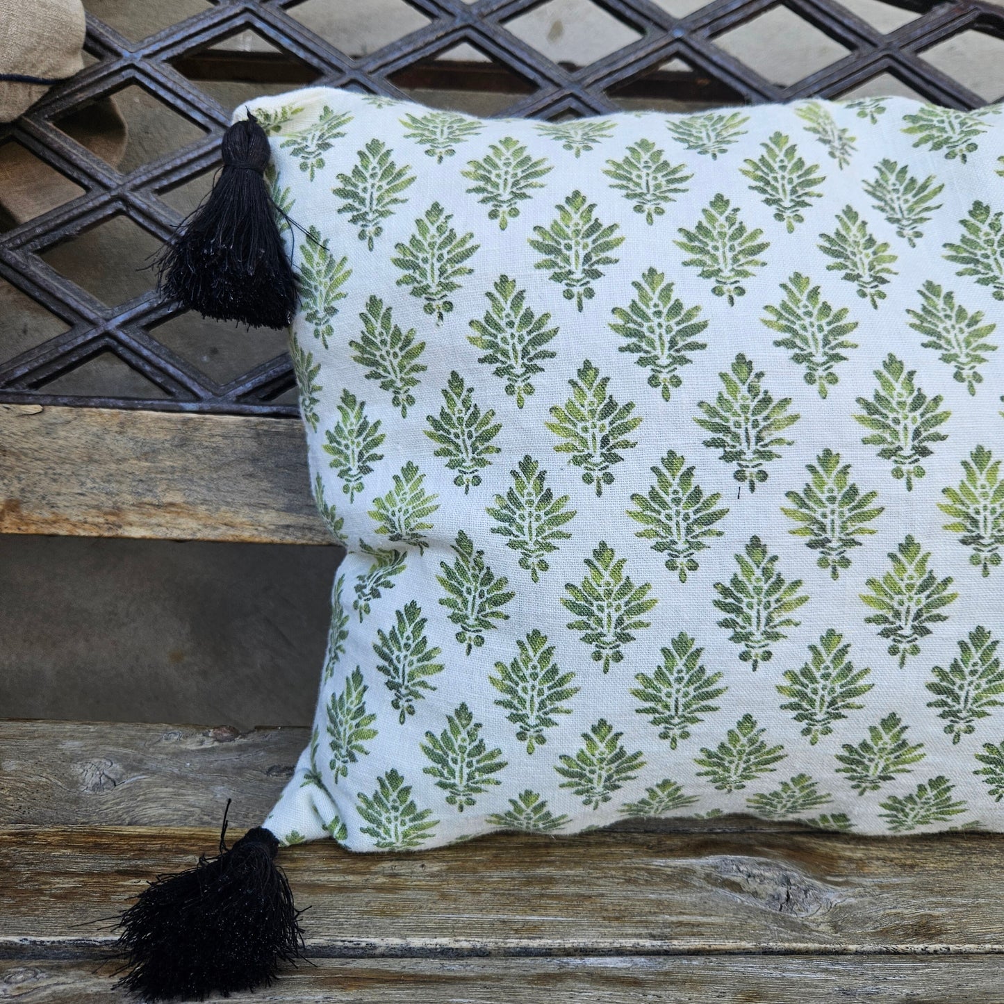 cushion with tassel Designer Olive Green Floral on Linen Pillow Cover, Dark Green Boho Pillow, Farmhouse Floral Block printed pillow