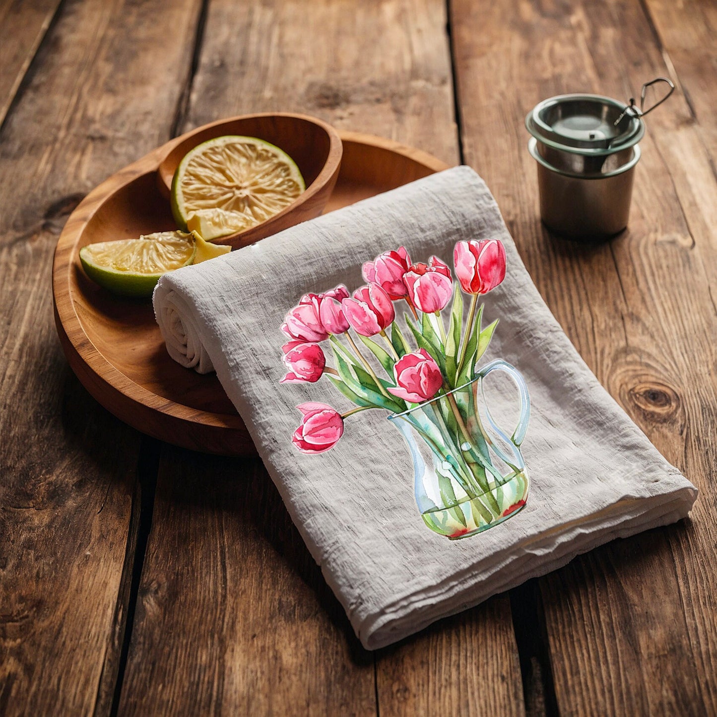 Tulips Tea Towel in linen, floral Hand Towels Tea, botanical Floral Dish Towel, Floral Kitchen Décor Tea Towel