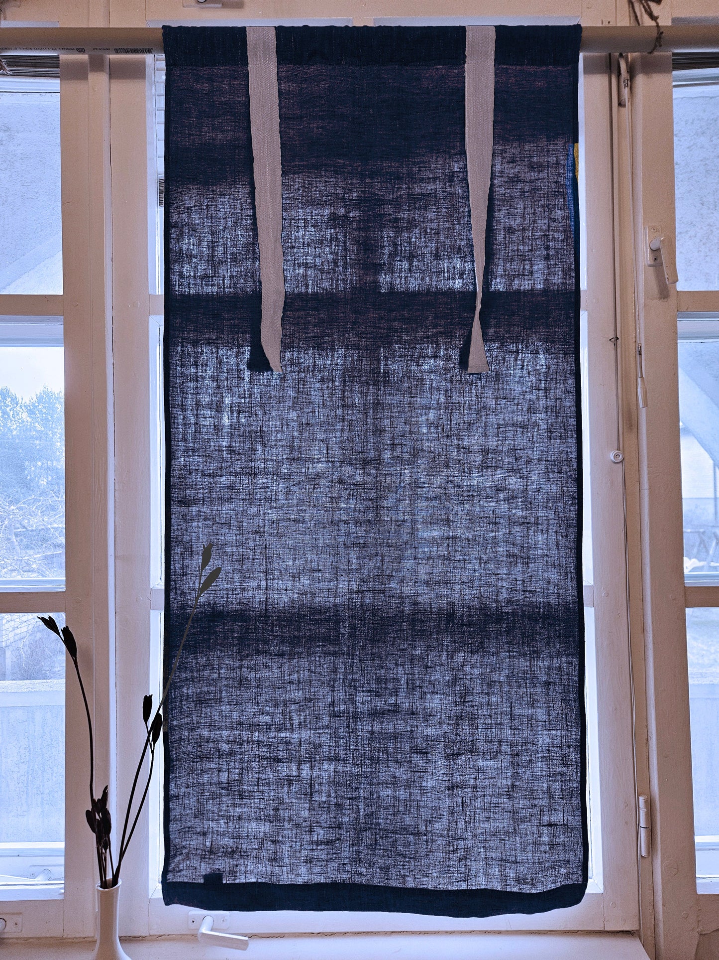 Linen curtains valance with tie up Navy blue, farmhouse kitchen curtains in natural