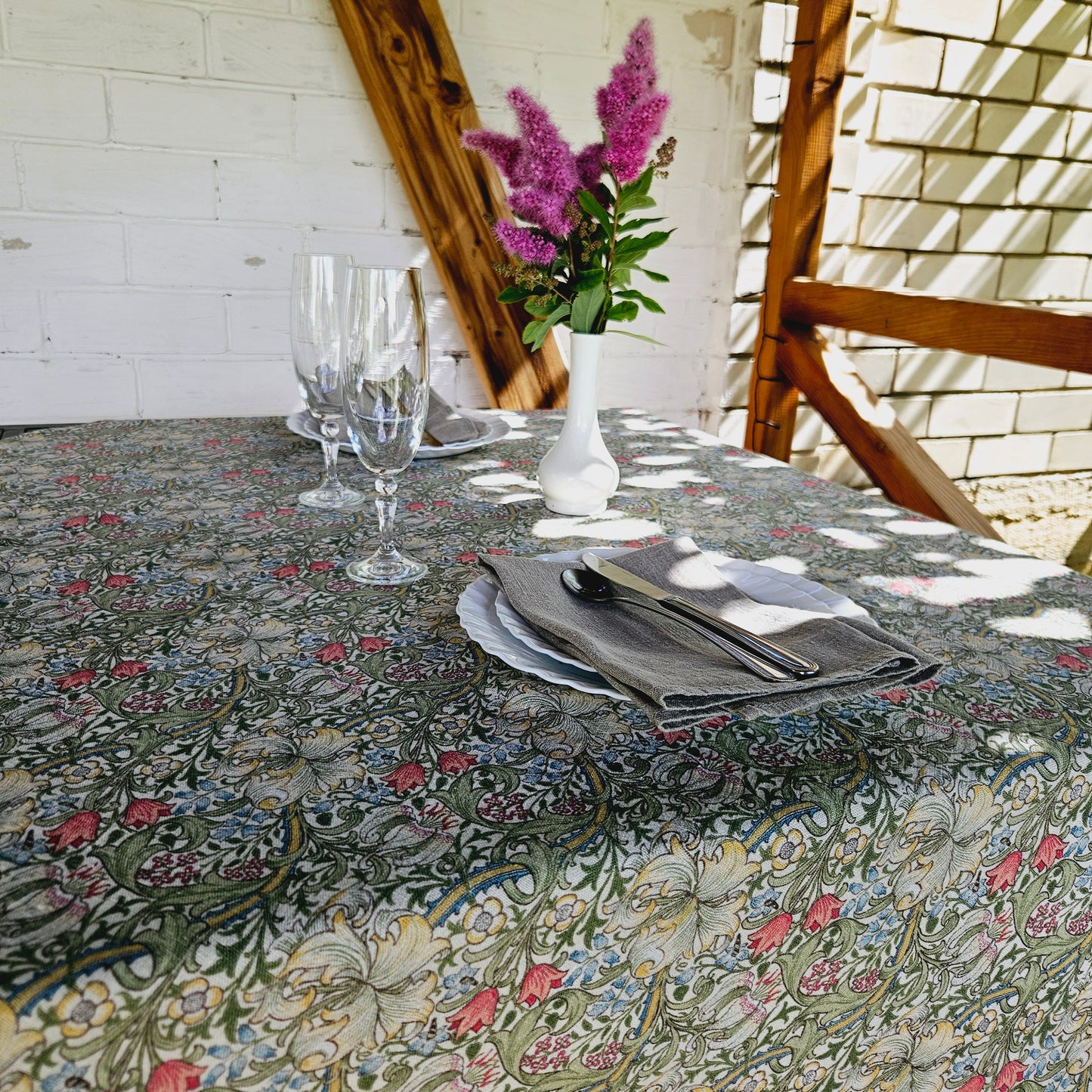 Linen foral tablecloth with birds, william Morris golden lily tablecloth, arts and crafts movement tablecloth Victorian style golden lilly