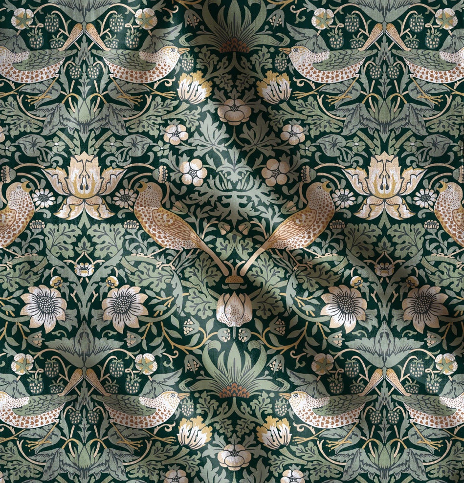 Linen foral tablecloth with birds, william Morris strawberry thief tablecloth, arts and crafts movement tablecloth