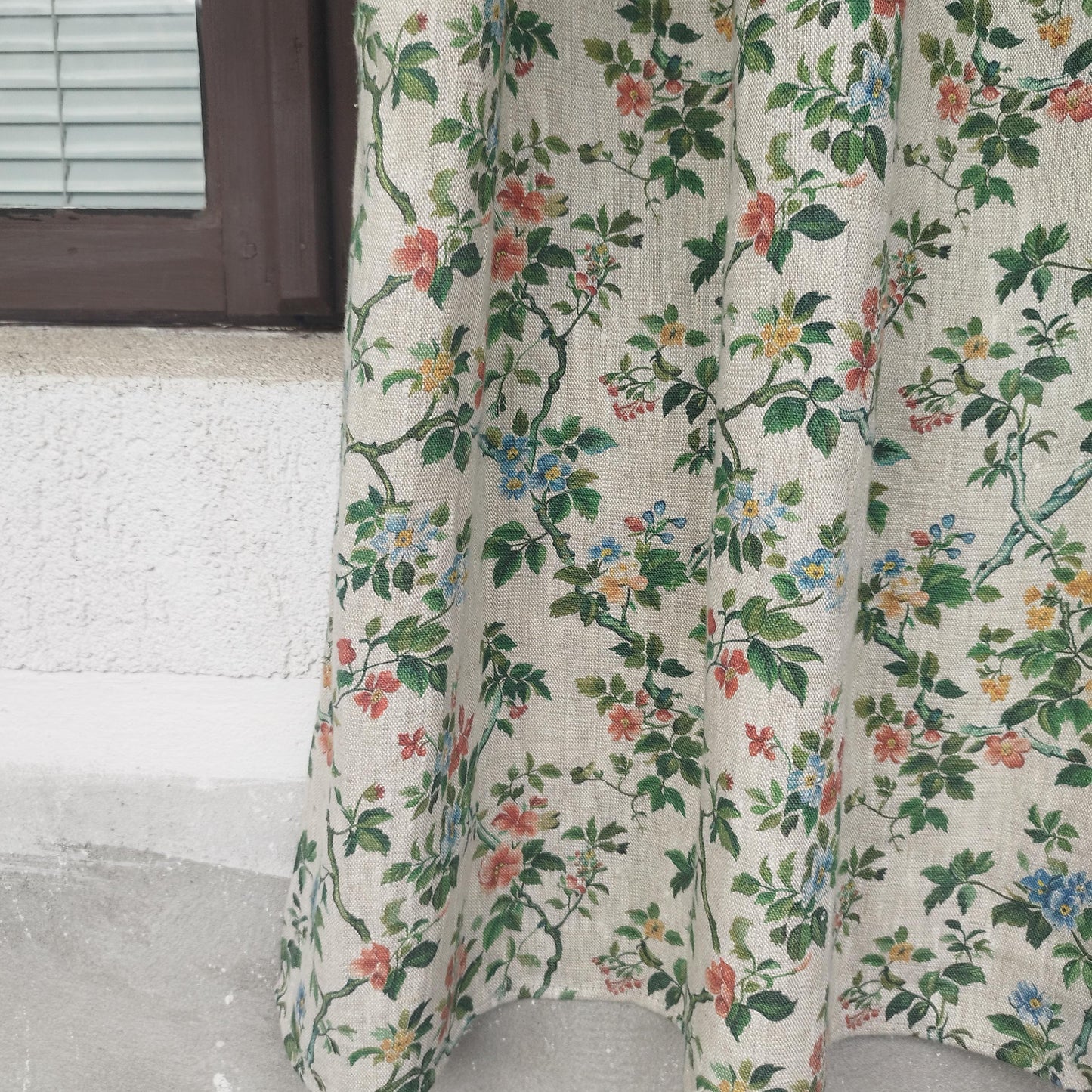 Curtains 100% Linen with botanical red green toile de jouy print PREWASHED. kitchen Living room farmhouse linen window panel