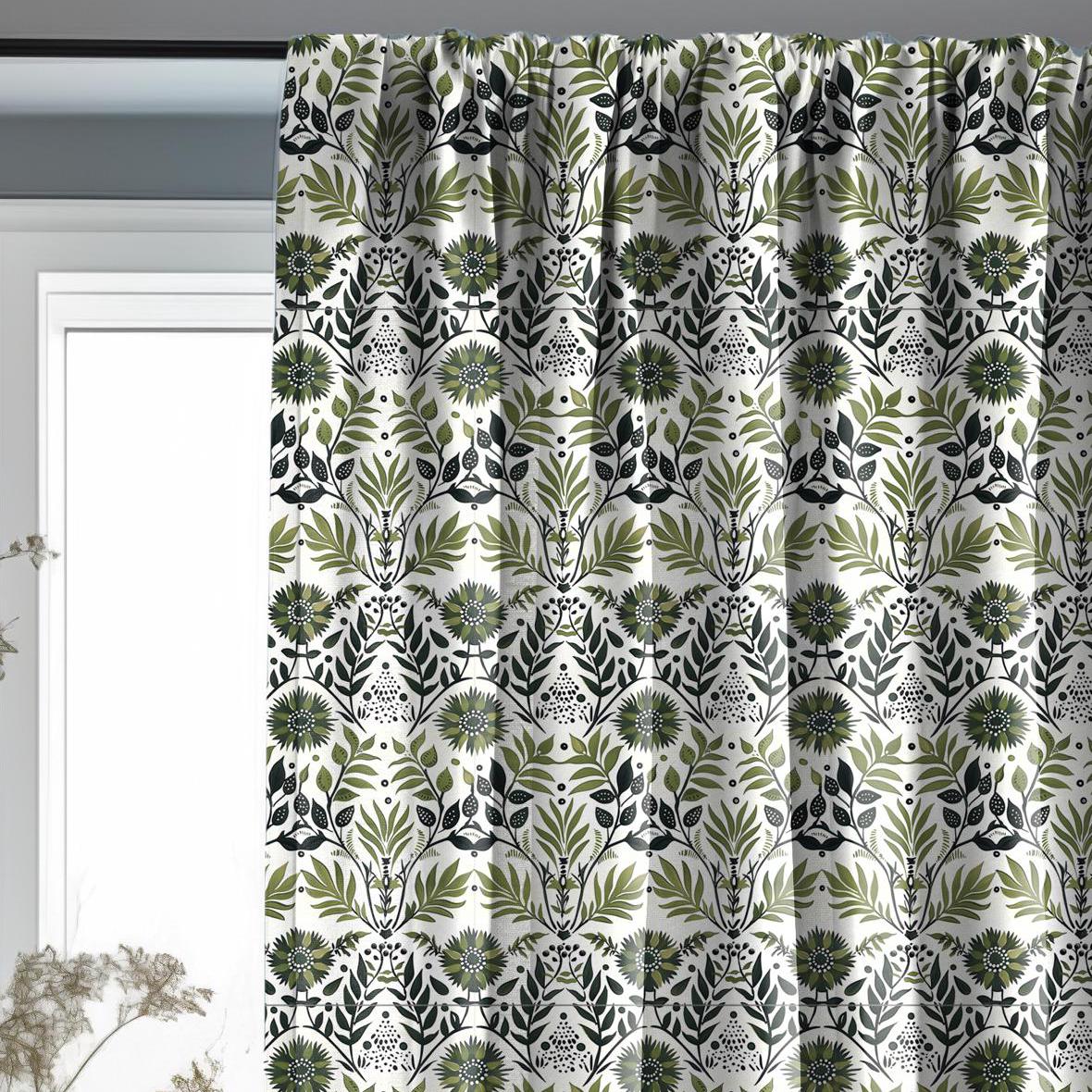 Modern vintage Curtains 100% Linen with botanical block print in green on white linen - kitchen Living room farmhouse linen window panel