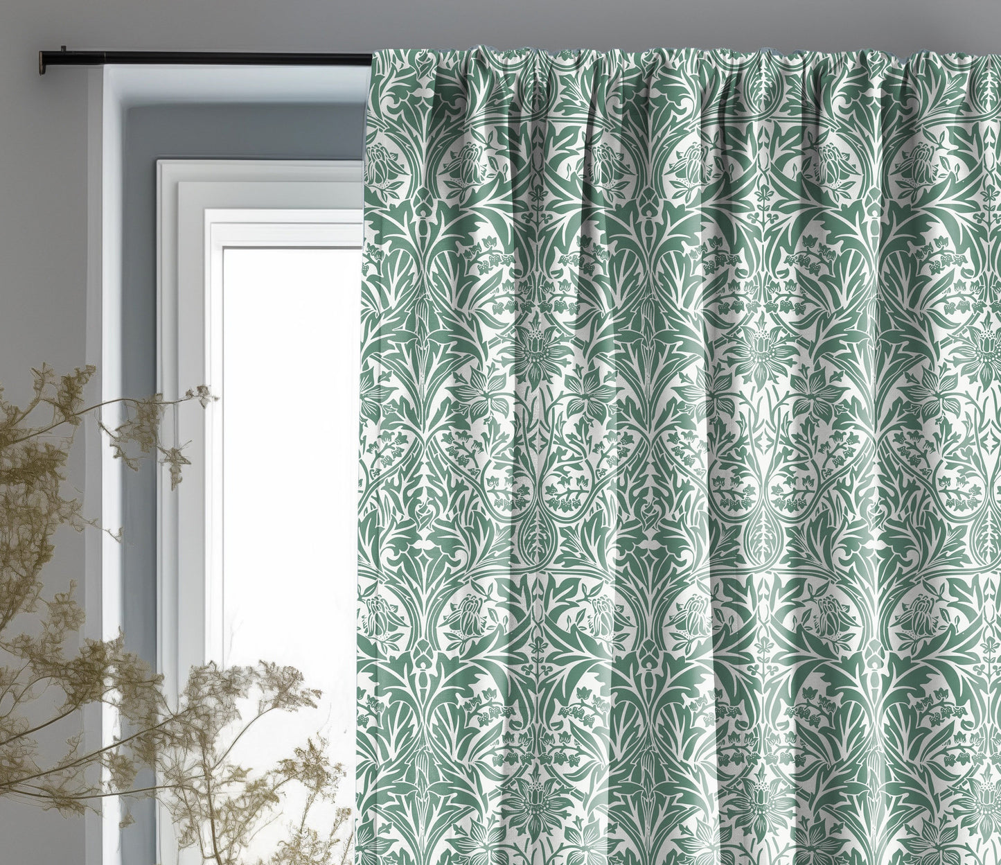 William Morris Curtain Panel Bluebell in green, Floral Botanical Blue Print Curtain Panels, Curtains for living room