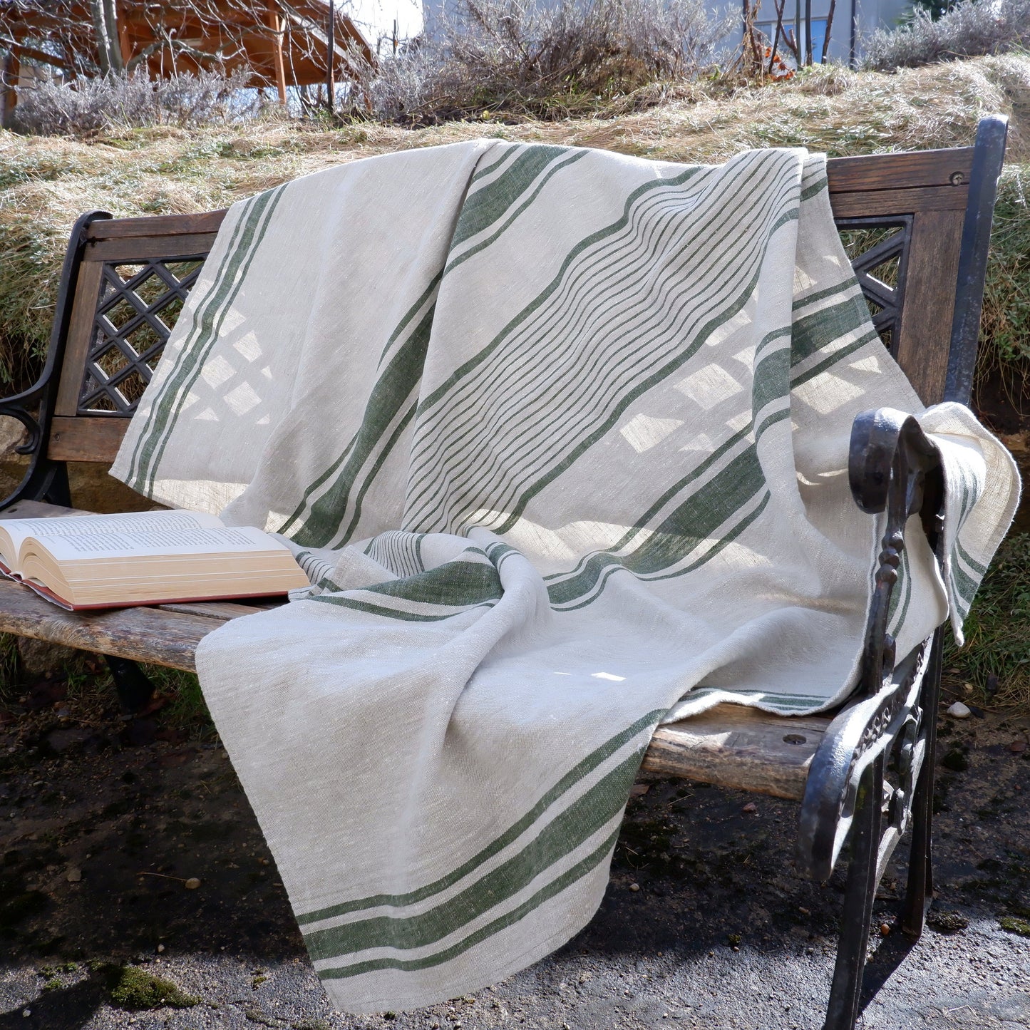 Stonewashed Natural Blanket Bedspread Bed Cover - striped flax - provence cottage coutrystyle Throw Alwayslovelinen 100% Linen