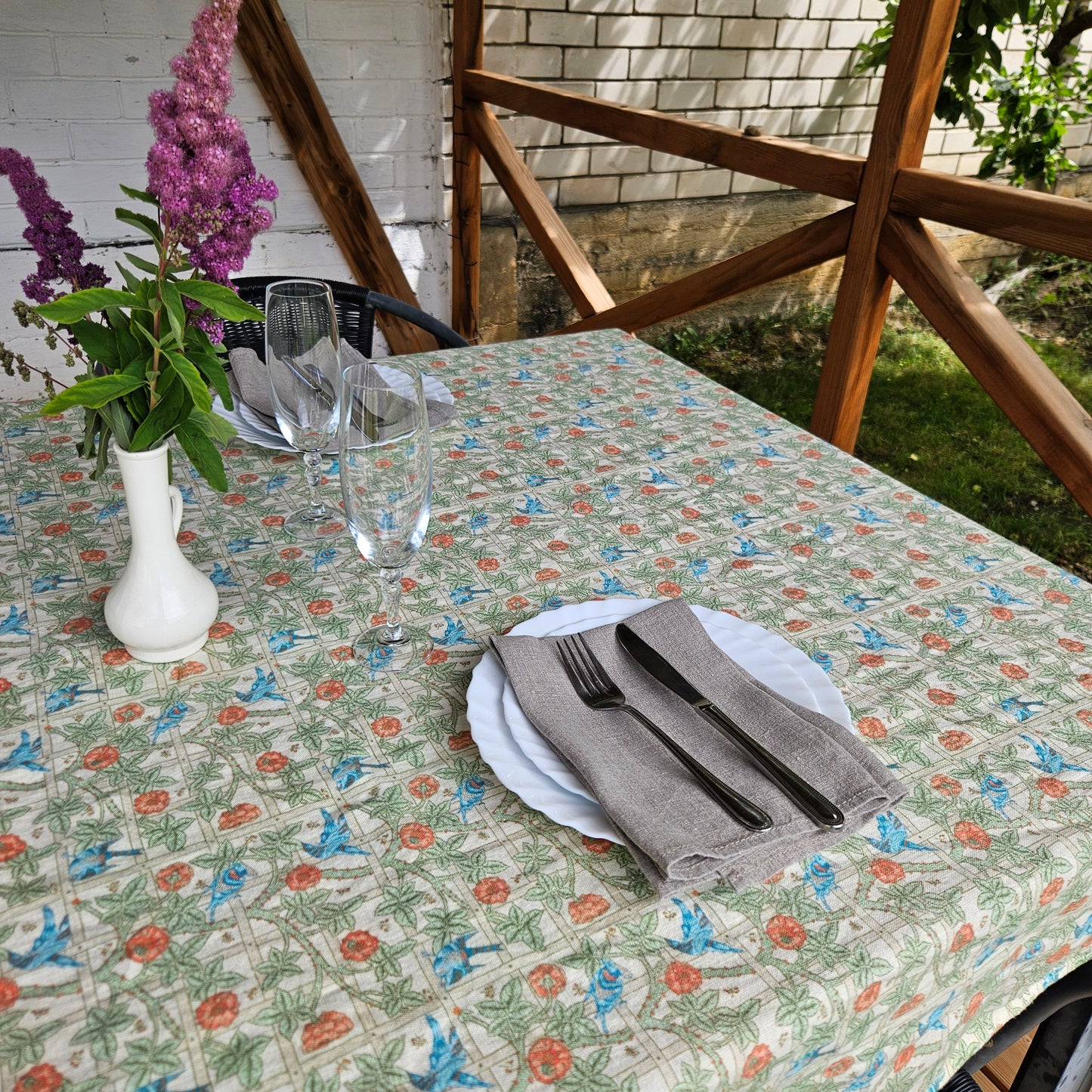 Linen floral tablecloth with birds, william Morris Trellis tablecloth with roses and birds, Victorian arts and crafts movement tablecloth