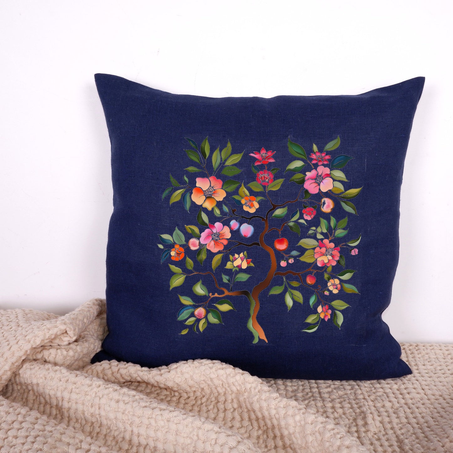 SALE LINEN Cushion cover Nordic folk art in beige, decorative linen pillow cover , Floral Summer Woodland Cushion Housewarming Gift