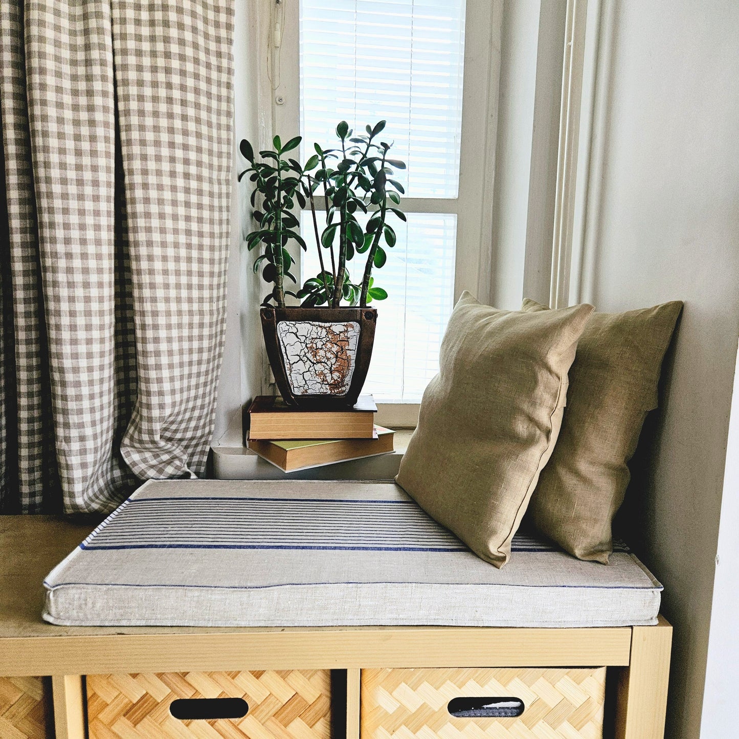 5 cm bänkdyna i linne i anpassad storlek, naturliga fönsterdynor, handgjord mudroom-dyna, inbyggd sittdyna för kök