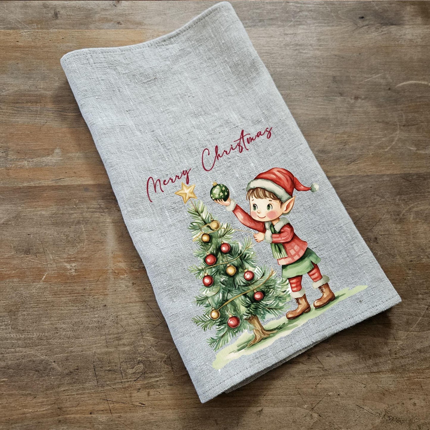 Christmas tree Tea Towel in linen, Holiday decor hand Towels Tea in linen, Christmas elf Dish Towel Kitchen Décor Tea Towel in linen
