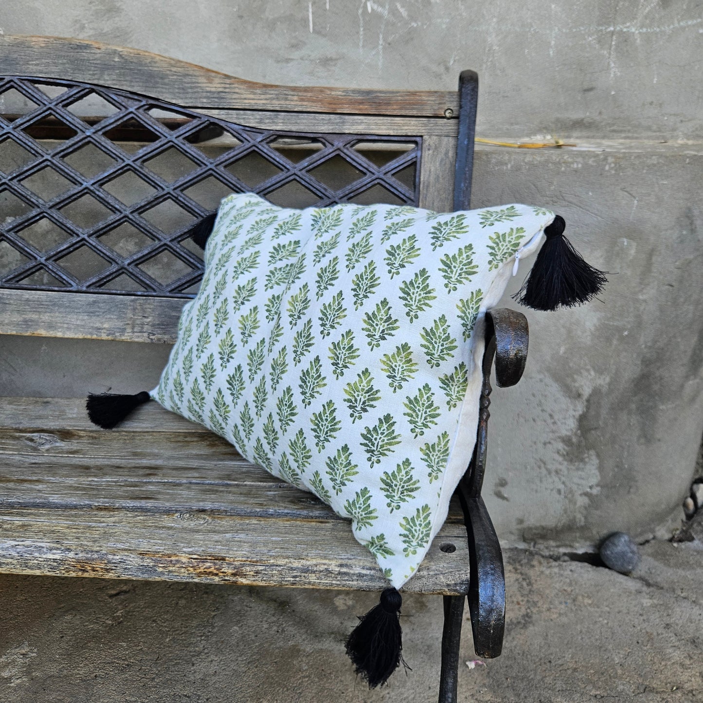 cushion with tassel Designer Olive Green Floral on Linen Pillow Cover, Dark Green Boho Pillow, Farmhouse Floral Block printed pillow