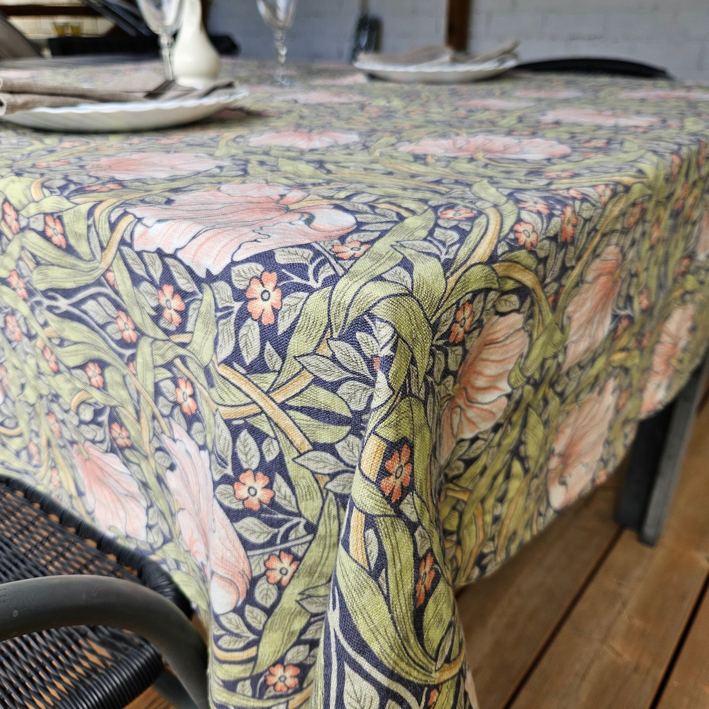 Linen foral tablecloth with birds, william Morris pimpernel tablecloth, arts and crafts movement tablecloth Victorian style