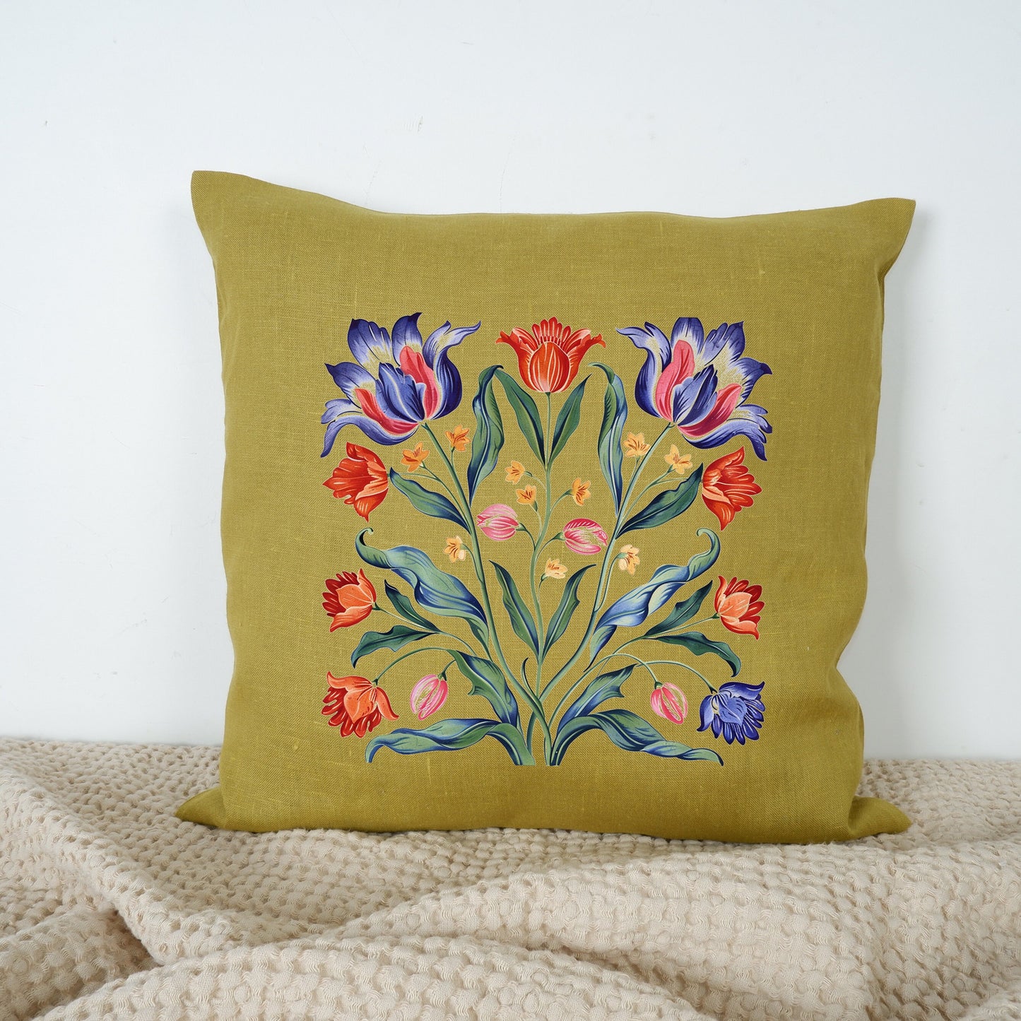 SALE LINEN Cushion cover with tulips print , decorative linen pillow cover with folk art print , Floral Housewarming Gift