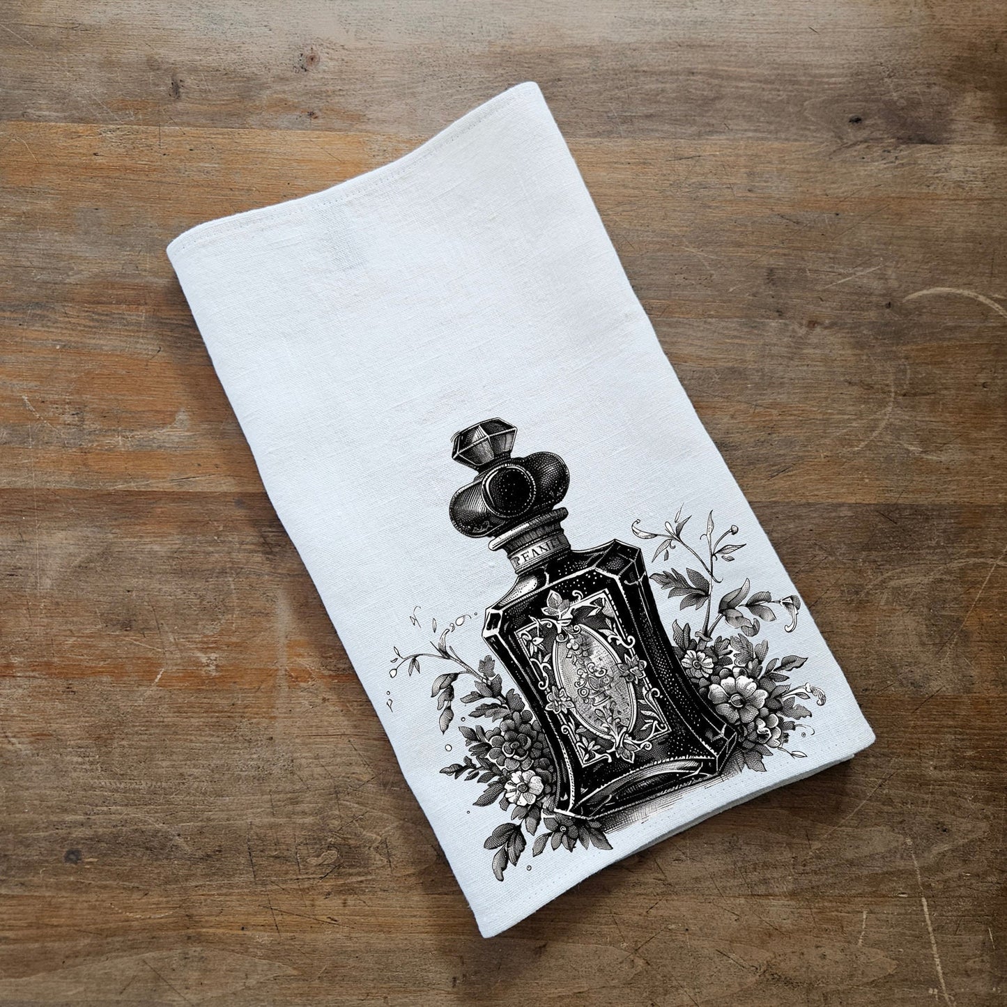 Pink Parfum Tea Towel in linen, floral roses Hand Towels Tea, black Frech Dish Towel, botanical parfum Kitchen Décor Tea Towel