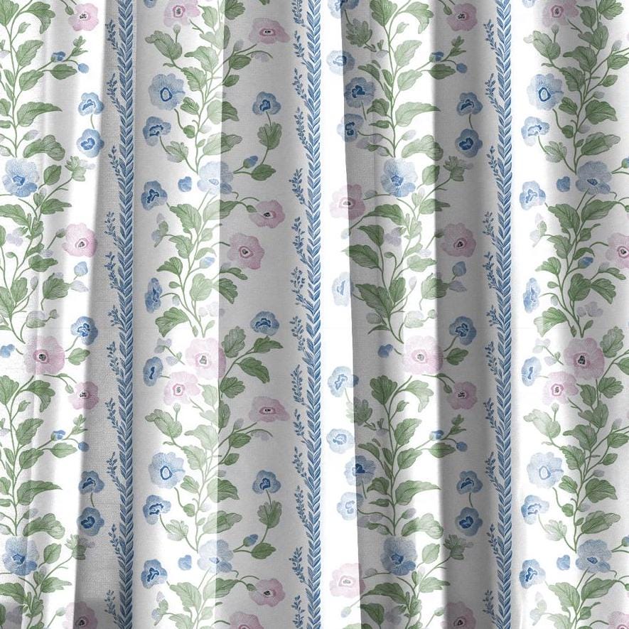 Curtains 100% Linen with floral stripe preppy pink green white print PREWASHED - kitchen Living room farmhouse linen window panel heritage