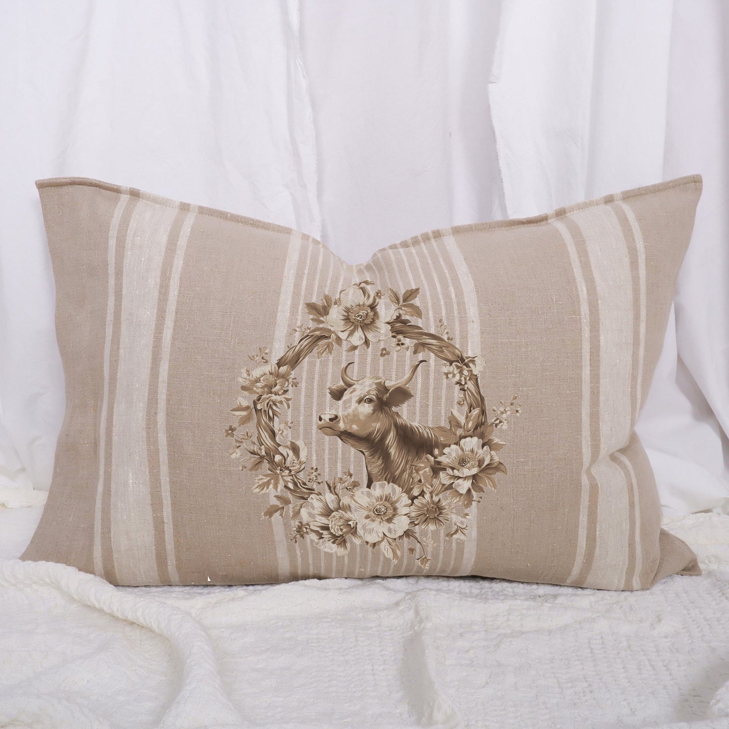 Striped linen pillowcase in french country style with cow and floral wreath print, French country linen Grainsack cushion cover