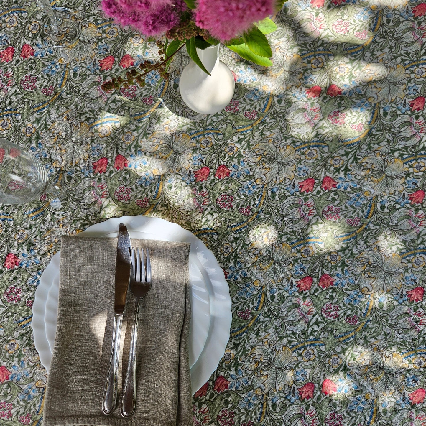 Linen foral tablecloth with birds, william Morris golden lily tablecloth, arts and crafts movement tablecloth Victorian style golden lilly