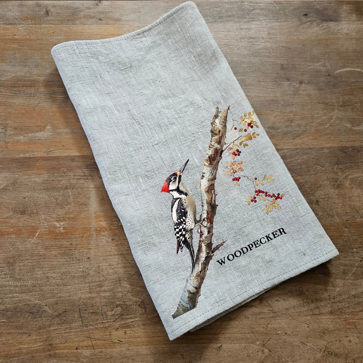 Woodpecker Tea Towel in linen, hand Towels Tea in linen, bird Dish Towel Kitchen Décor Tea Towel in linen