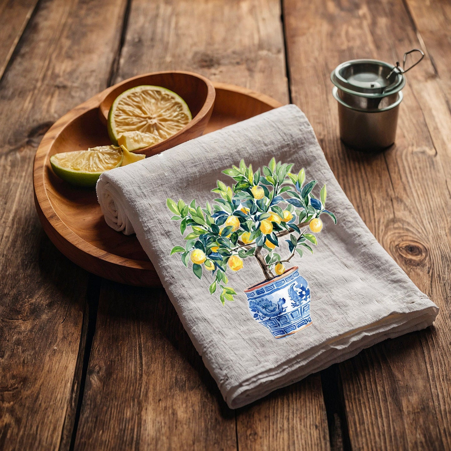 Lemon tree in chinoise pot Tea Towel in linen, floral Hand Towels Tea, botanical Floral Dish Towel, Floral Kitchen Décor Tea Towel