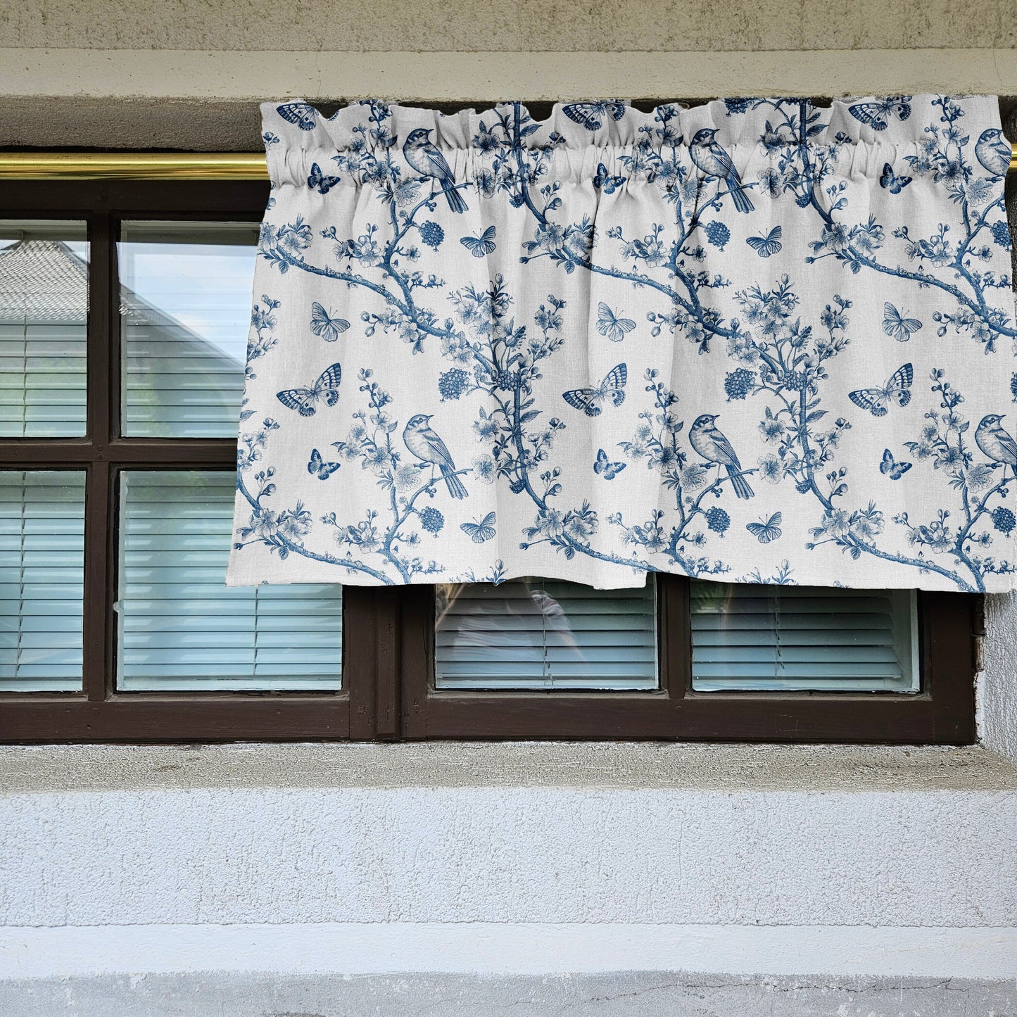 Linen Cafe Curtains in custom size in french Toile de Jouy white blue, custom size Farmhous window panel, Living room Cafe Kitchen valance