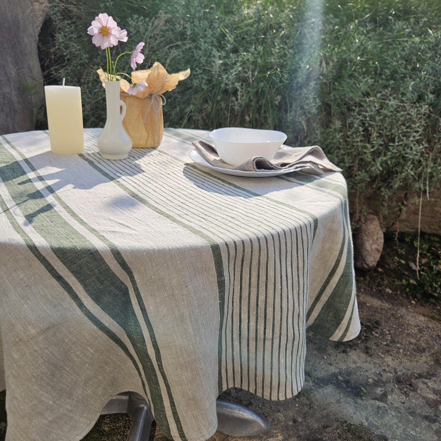 100% Linen Tablecloth in french Provance striped linen for Round table - Table cloth in Natural Linen in custom size neutral green stripes
