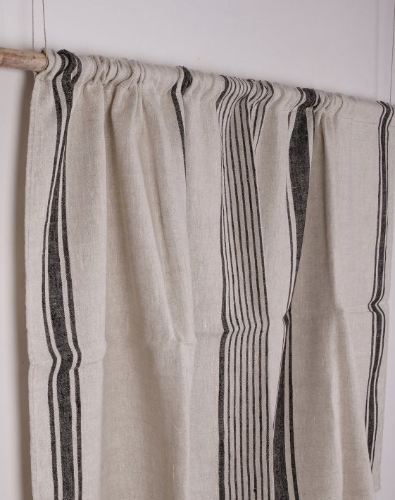 Curtains 100% Linen striped PREWASHED - window panel. kitchen Living room farmhouse curtains. Grain Sack flax blue black stripes