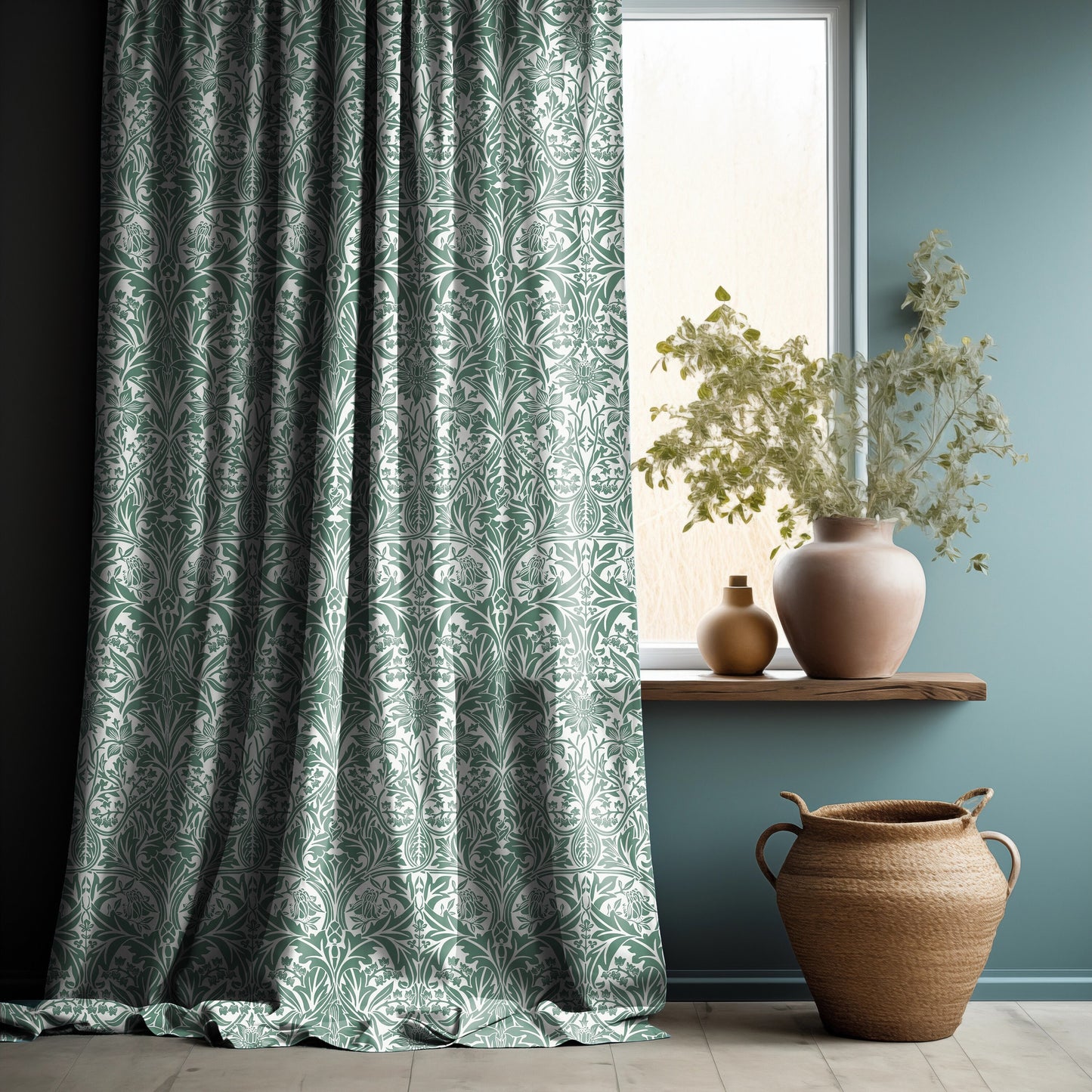 William Morris Curtain Panel Bluebell in green, Floral Botanical Blue Print Curtain Panels, Curtains for living room