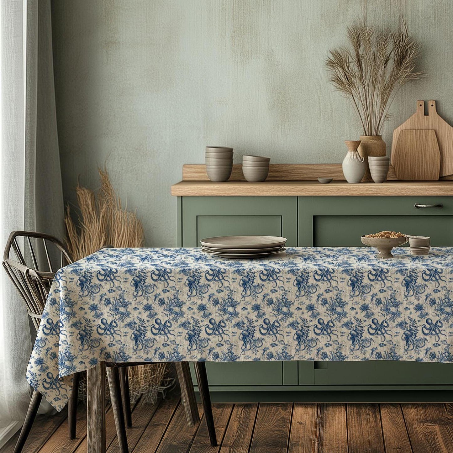100% Linen tablecloth Blue Coastal with octopus print - French Coastal Vintage table cloth - Nautical indigo Blue Toile de jouy linen