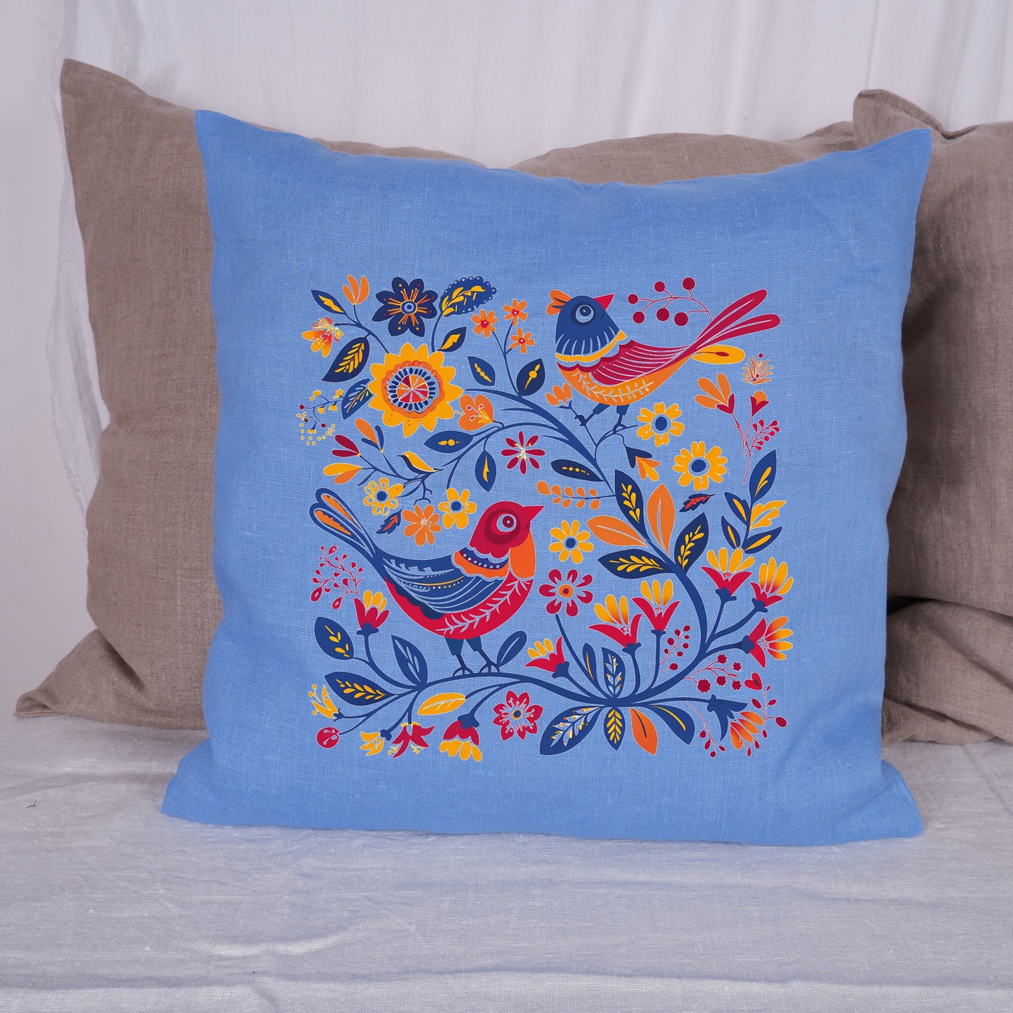 SALE LINEN Cushion cover Nordic folk art beige , decorative linen pillow cover , Floral Summer Woodland Cushion Housewarming Gift