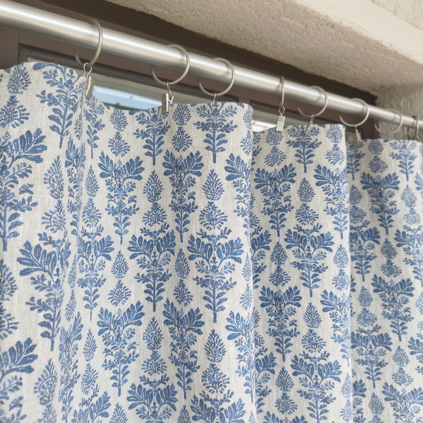 Curtains 100% Linen blue french block print floral PREWASHED. kitchen Living room farmhouse curtains. Bedroom window panel in linen
