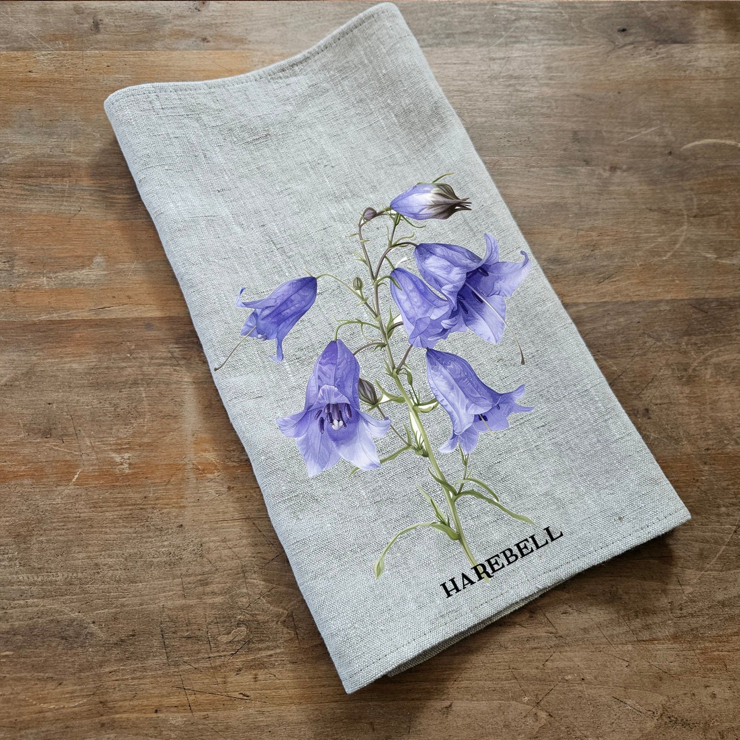 Harebell Tea Towel in linen, floral Hand Towels Tea, botanical Floral Dish Towel, purple flower Kitchen Décor Tea Towel