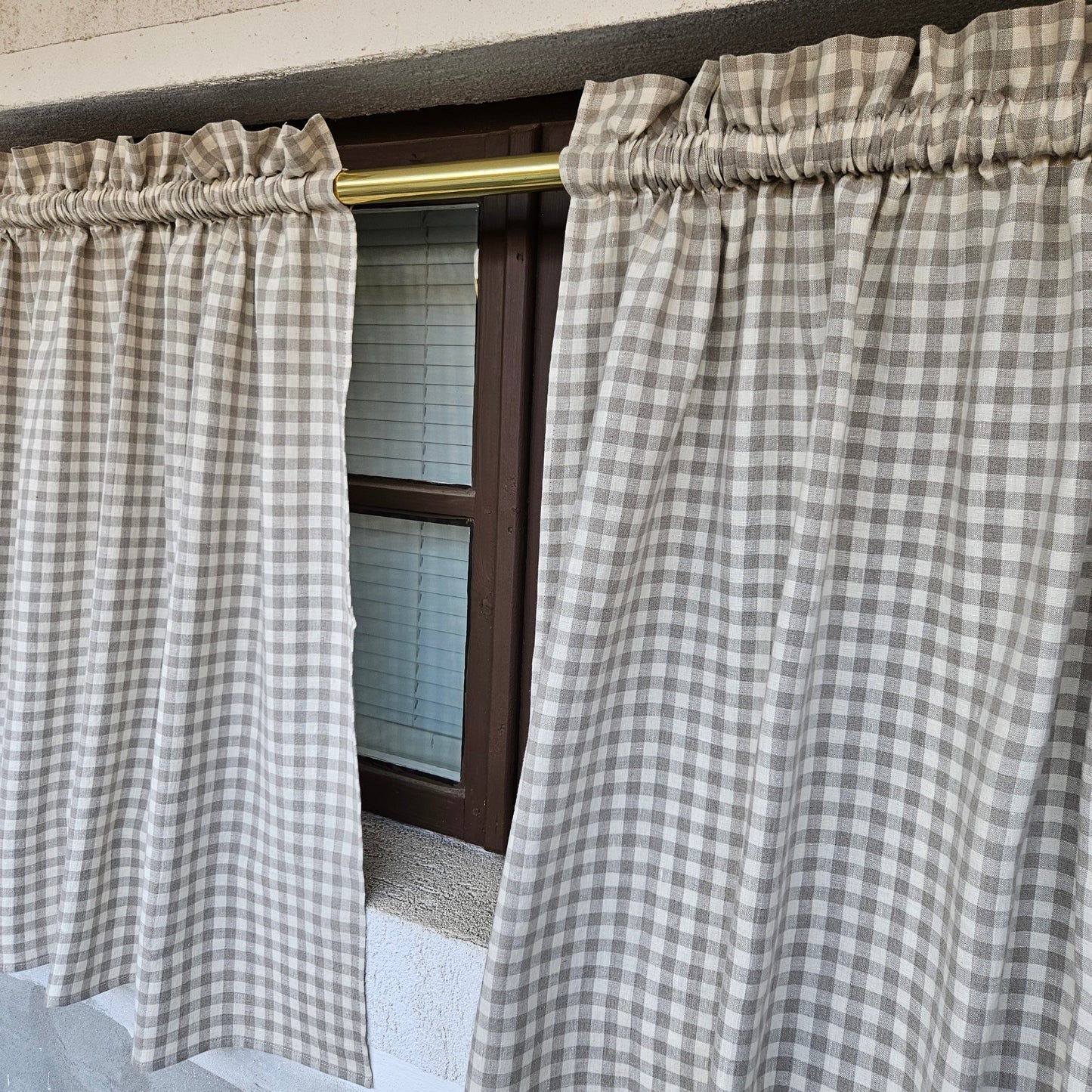 Natural linen Cafe Curtains in classic gingham, custom size Farmhous window panel, Living room Cafe Kitchen window curtain custom size