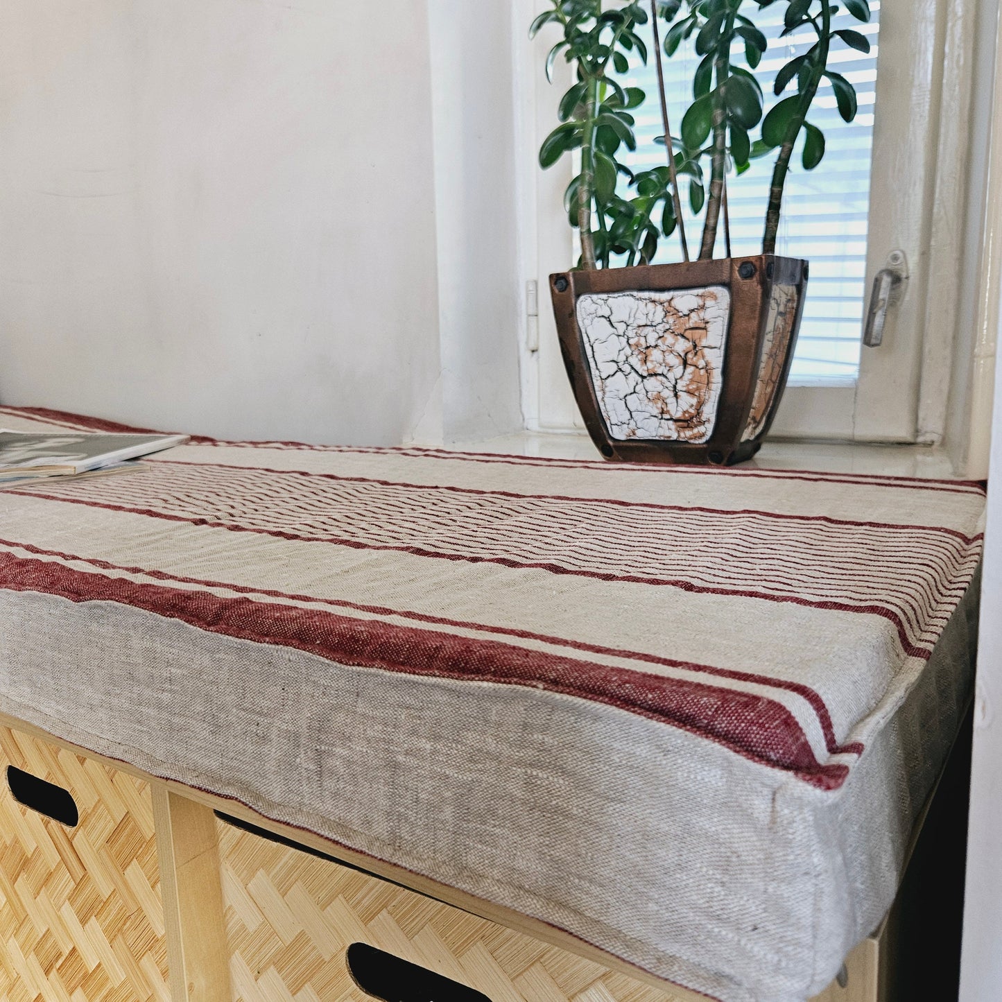 Bänkdyna i linne i specialstorlek med skumfyllning 7,5 cm inlägg, naturliga fönsterdynor, specialdesignad sittdyna med avtagbart överdrag