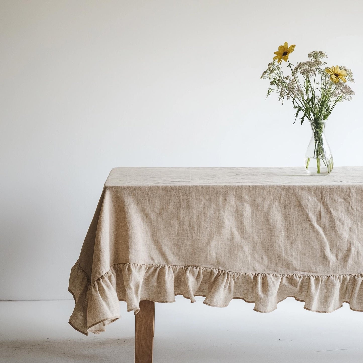 100% Linen tablecloth with RUFFLES PREWASHED white natural French table cloth rustic rectangle square oval country style